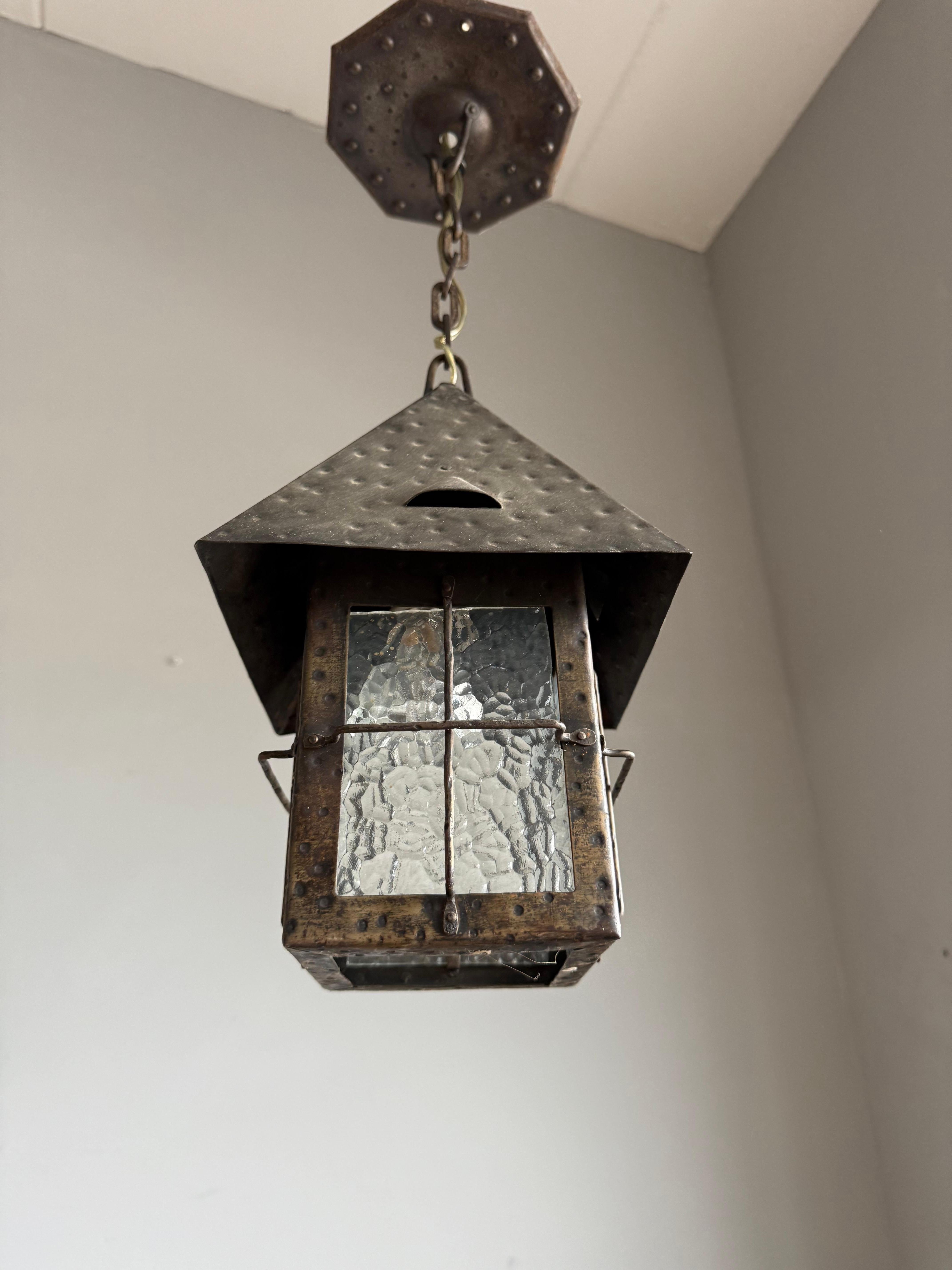 Antique Dutch Arts & Crafts Wrought Iron Pendant with Cathedral Glass, ca. 1910 For Sale 1