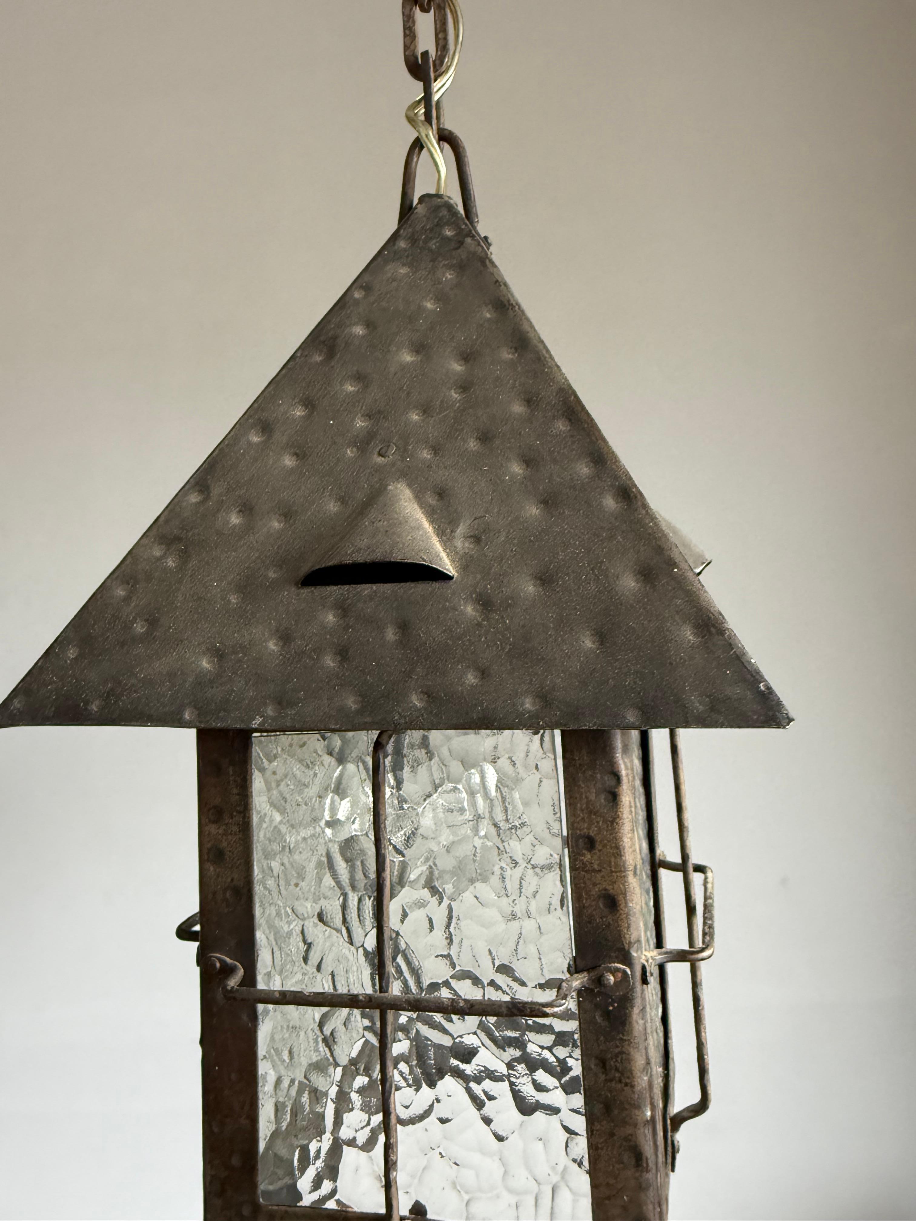 Antique Dutch Arts & Crafts Wrought Iron Pendant with Cathedral Glass, ca. 1910 For Sale 2
