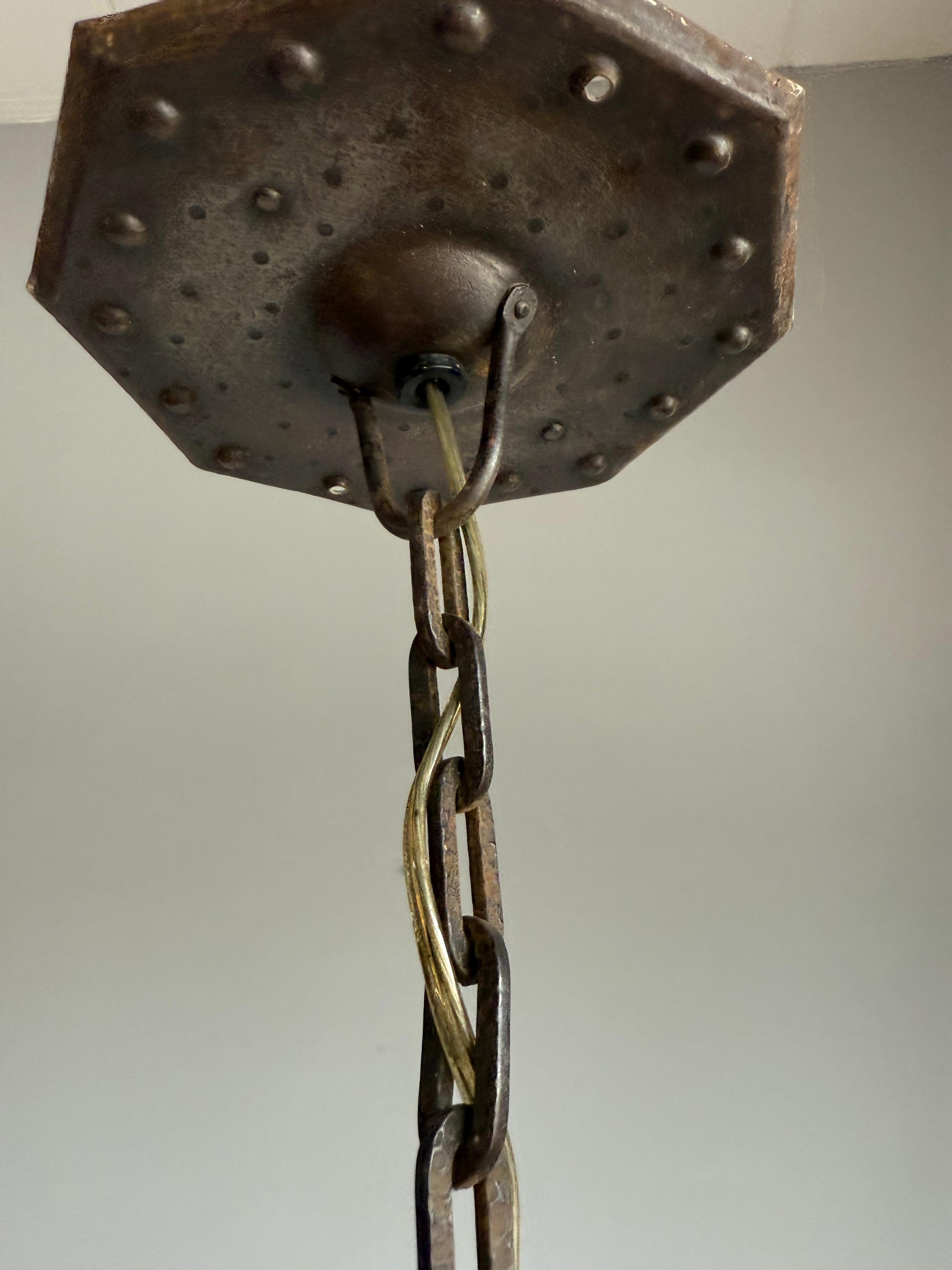 Antique Dutch Arts & Crafts Wrought Iron Pendant with Cathedral Glass, ca. 1910 For Sale 3
