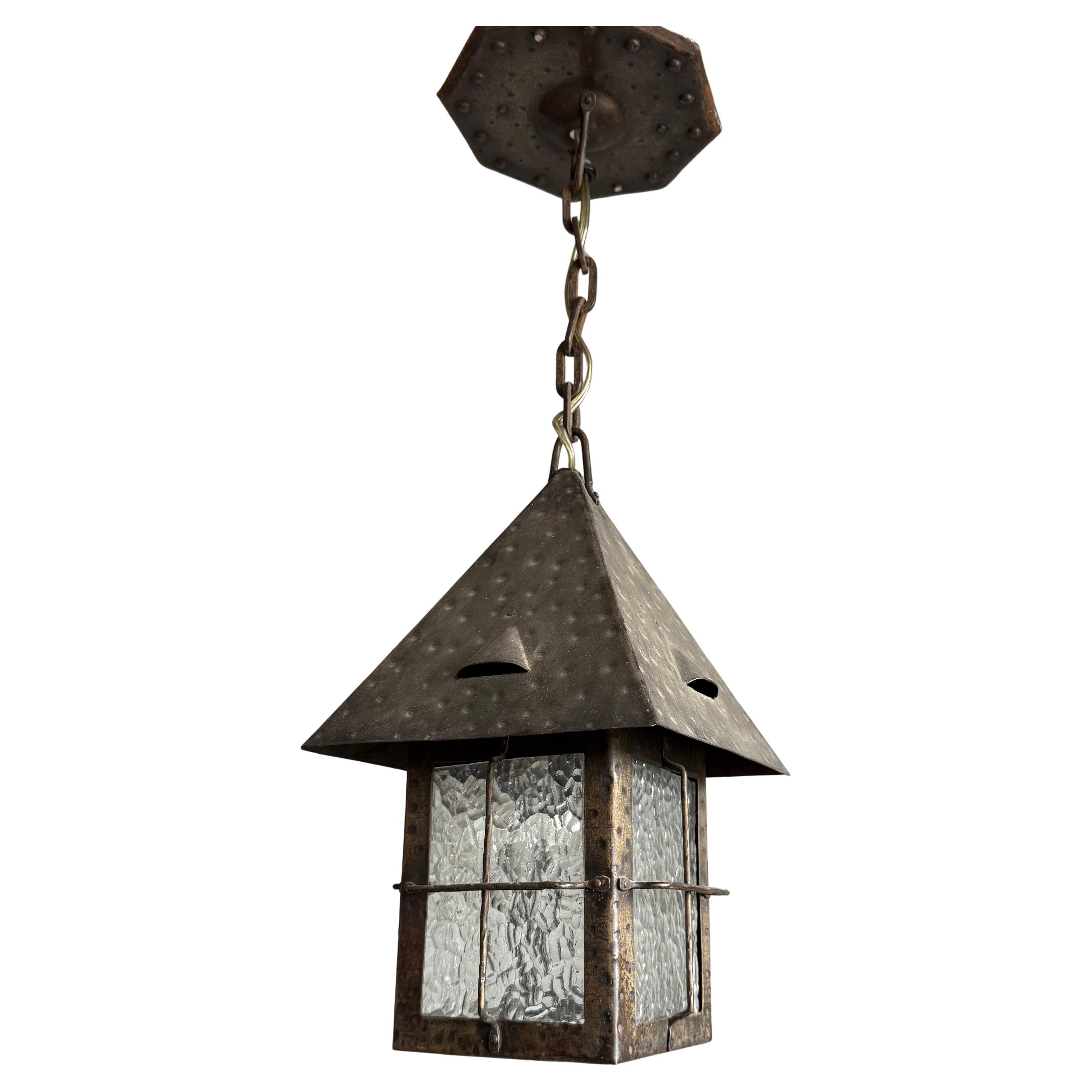 Antique Dutch Arts & Crafts Wrought Iron Pendant with Cathedral Glass, ca. 1910 For Sale