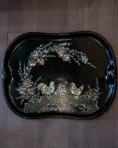 Antique Dutch Black Metal Tray with Mother of Pearl Roosters