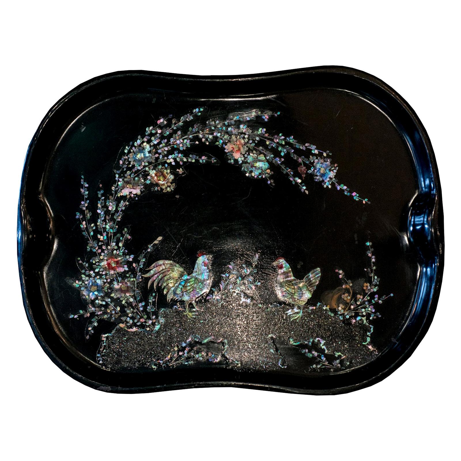 Antique Dutch Black Metal Tray with Mother of Pearl Roosters For Sale