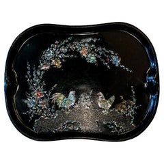 Antique Dutch Black Metal Tray with Mother of Pearl Roosters