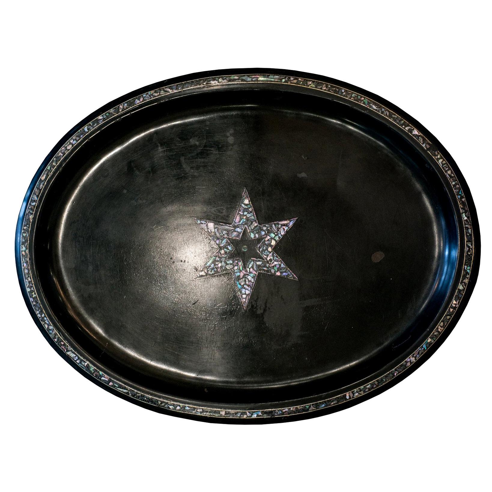 Antique Dutch Black Metal Tray with Mother of Pearl Star For Sale