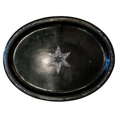 Antique Dutch Black Metal Tray with Mother of Pearl Star