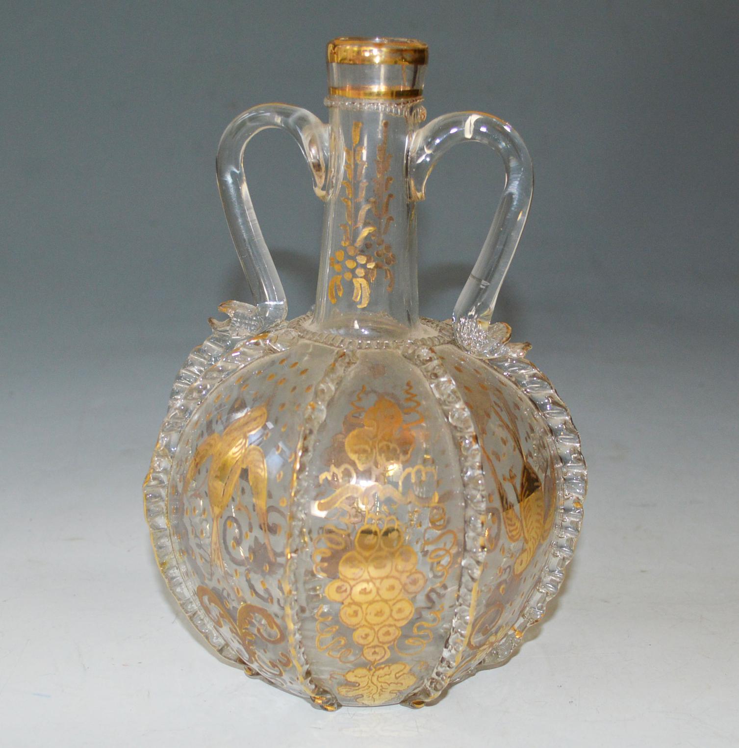 A Interesting rare Antique Dutch Blown Glass Bridal Bottle or Carafe Decanter with  Gold painted decoration.
Traditionally given as a Bridal gift 

Circa: 18th/ early 19th Century.

 Item condition: Fine condition with only  one tiny hardly visible