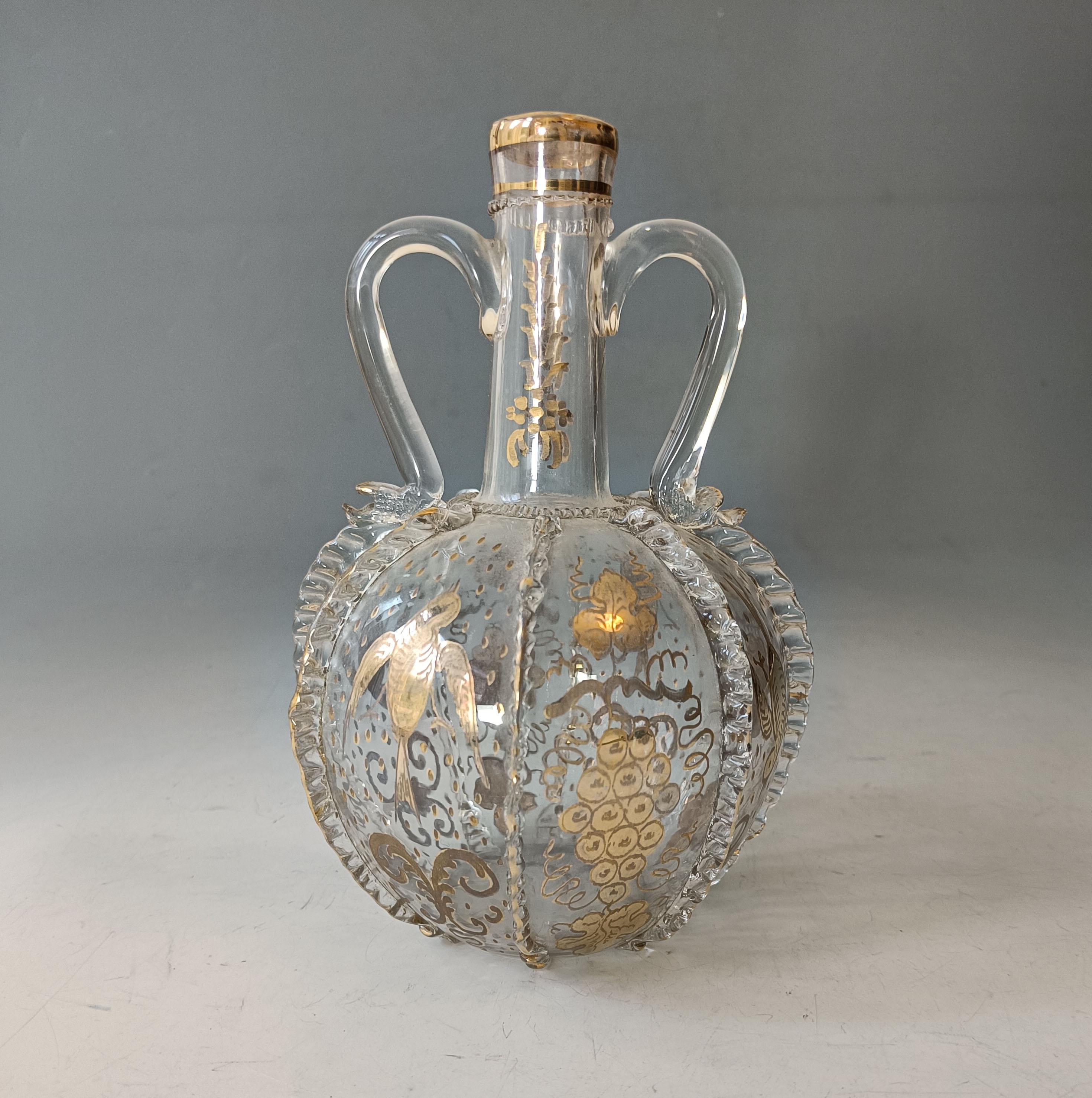 Hand-Painted Antique Dutch Blown Glass Bridal Carafe Decanter  Vase 18th Century For Sale