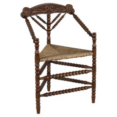 Antique Dutch Bobbin Corner Chair with Triangular Rush Seat