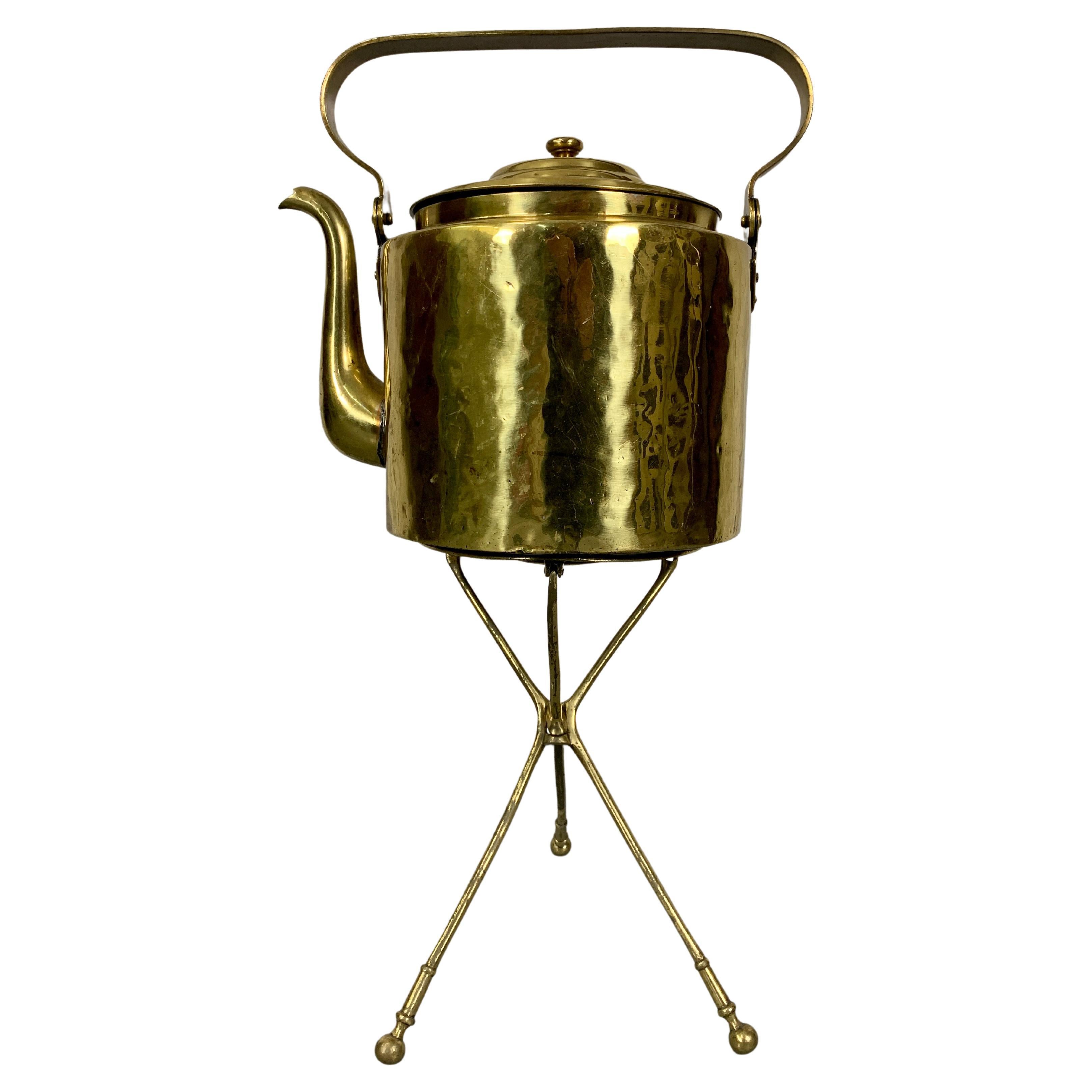 Antique Dutch Brass Coffee Pot and Trivet For Sale