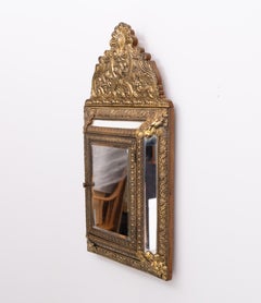 Antique Dutch Brass Ornate Repousse hanging Mirror Hall Cabinet