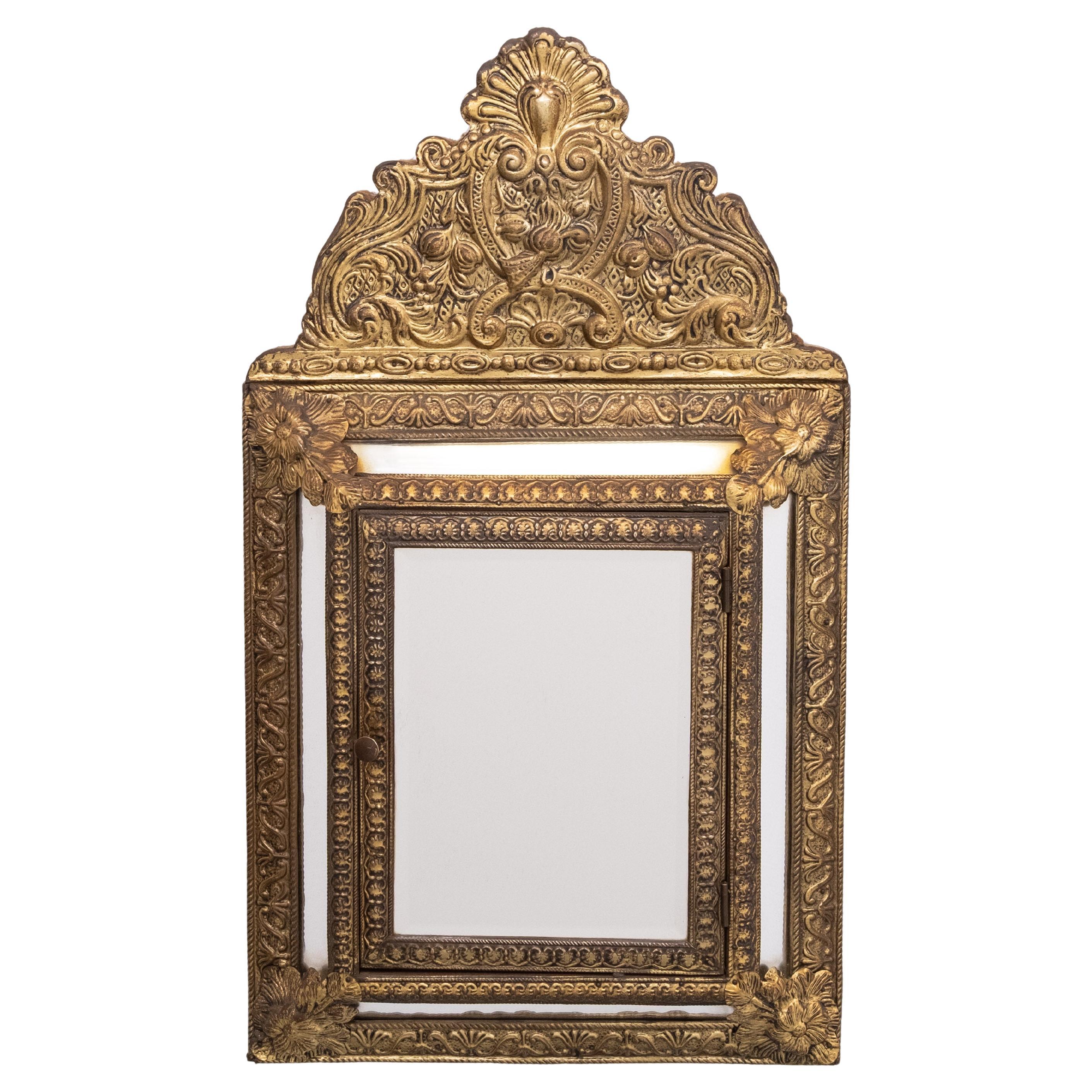 Antique Dutch Brass Ornate Repousse hanging Mirror Hall Cabinet For Sale