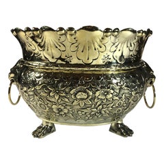 Antique Dutch Brass Repousse Jardinière with High Sides, circa 1860