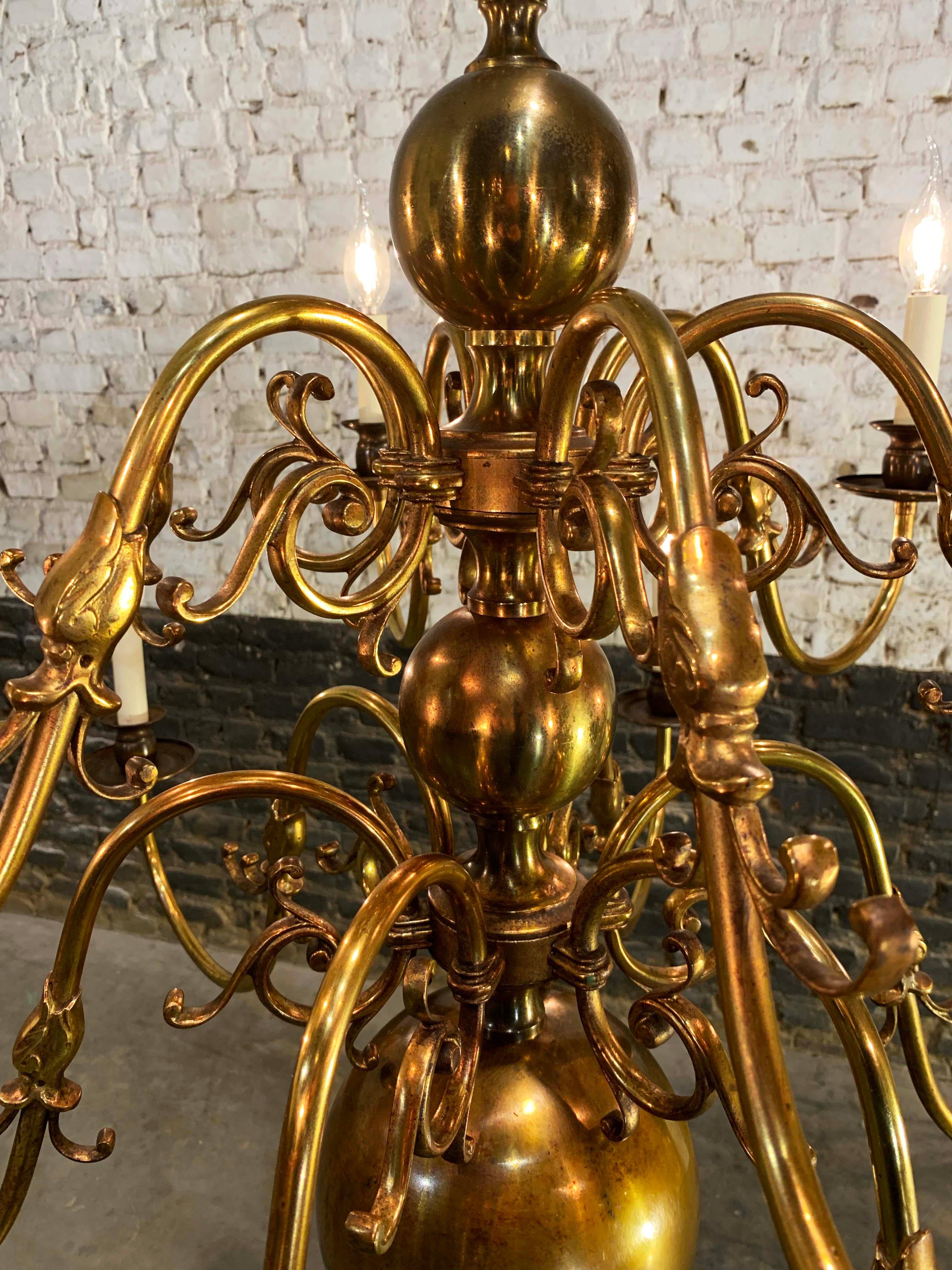 Hand-Crafted Antique Dutch Brass Two-Tier Twelve-Light Bulbous and Scrolled Chandelier