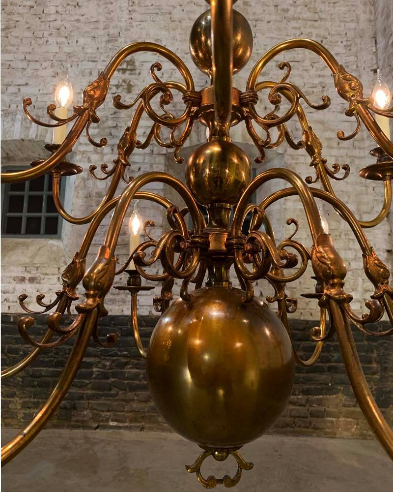 20th Century Antique Dutch Brass Two-Tier Twelve-Light Bulbous and Scrolled Chandelier