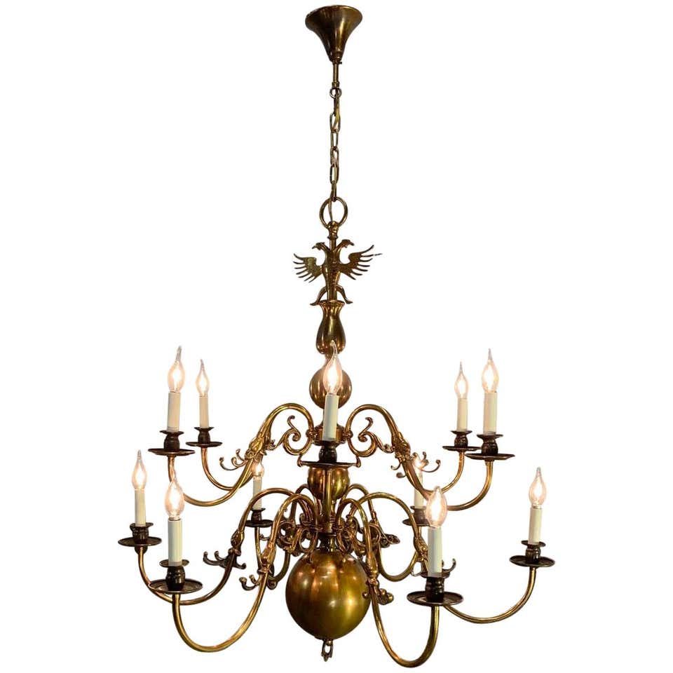 Antique Dutch Brass Two-Tier Twelve-Light Bulbous and Scrolled ...