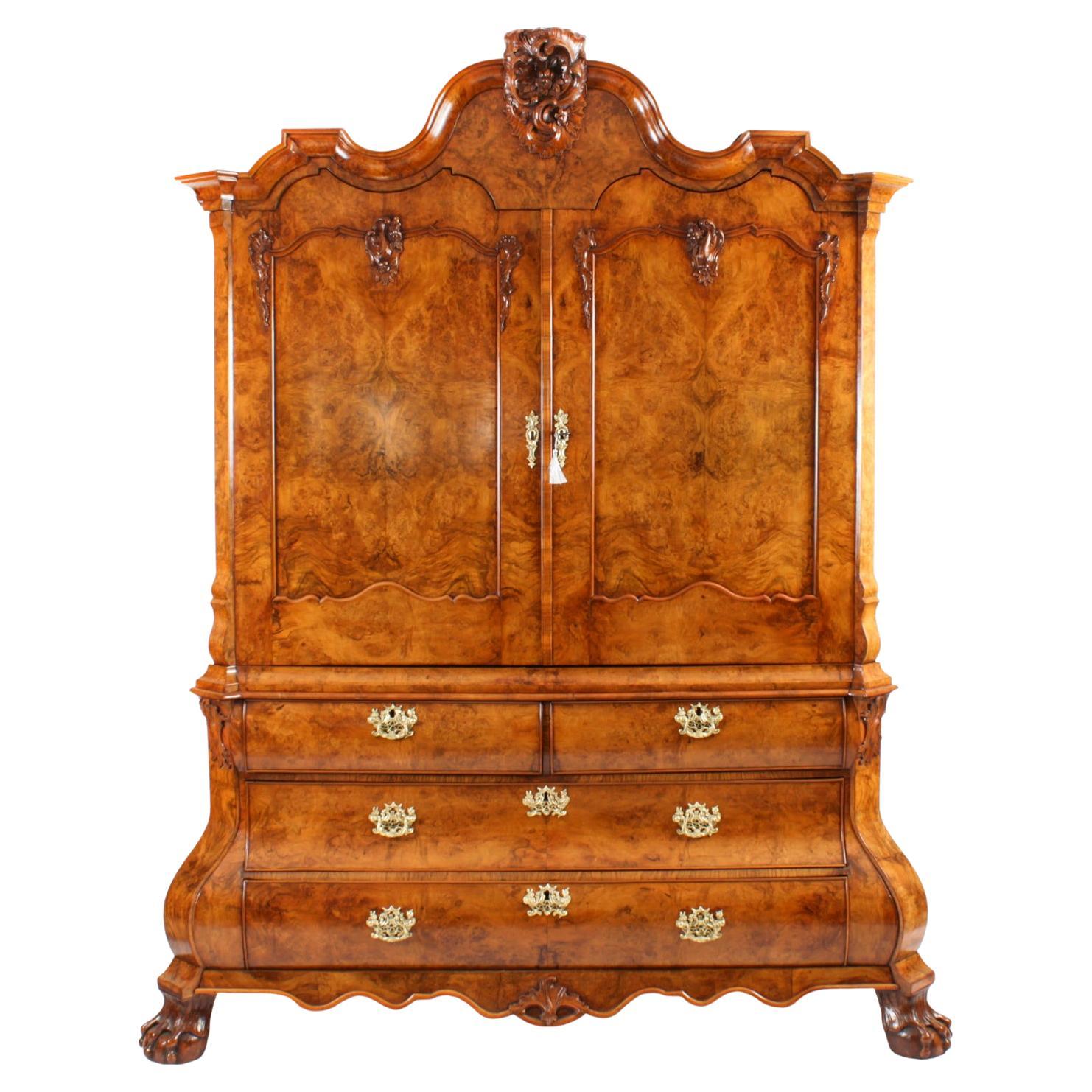 Antique Dutch Burr Walnut Bombé Cabinet Armoire, 18th Century For Sale