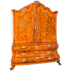 Used Dutch Burr Walnut Bombé Cabinet Armoire Secret Drawers, 18th Century