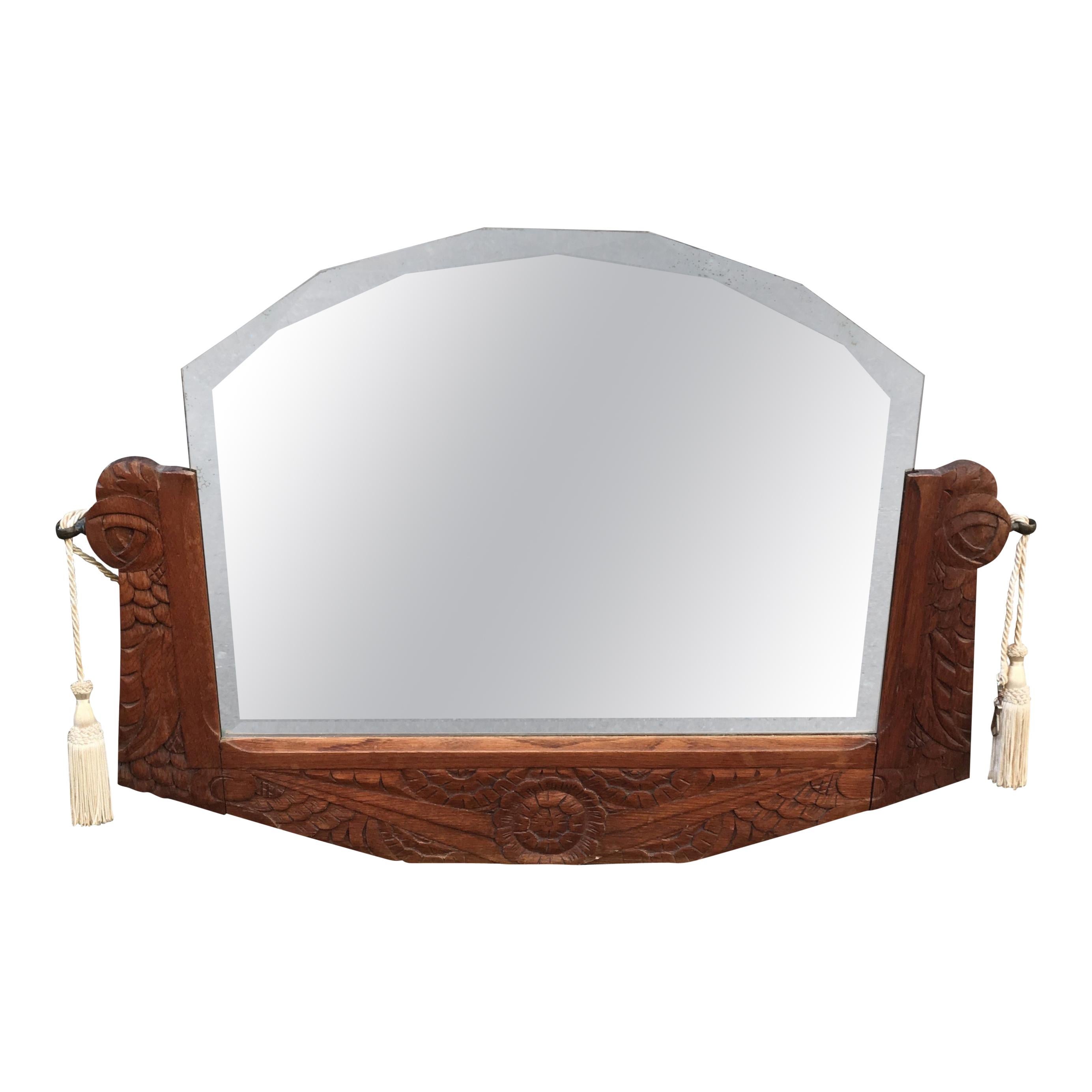 Antique Dutch Carved Oak Wood Wall Mirror For Sale