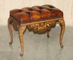 ANTIQUE DUTCH CIRCA 1860 BROWN LEATHER HARDWOOD CHESTERFIELD STOOL PiANO BENCH