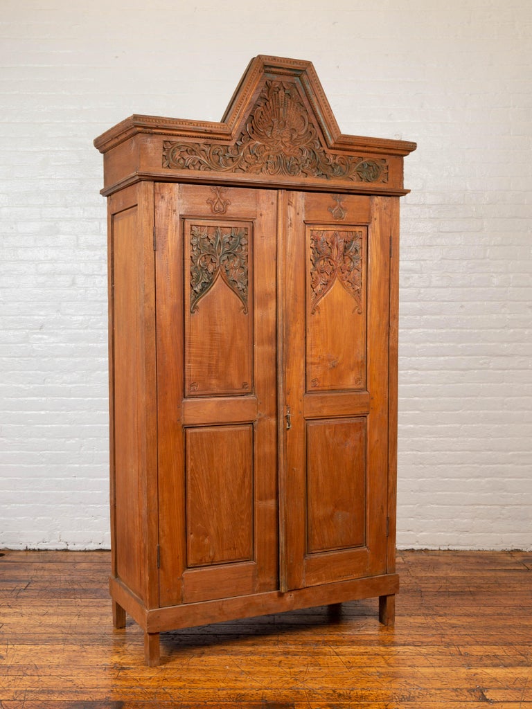 Antique Dutch Colonial Armoire with LowRelief Carved Painted Birds and