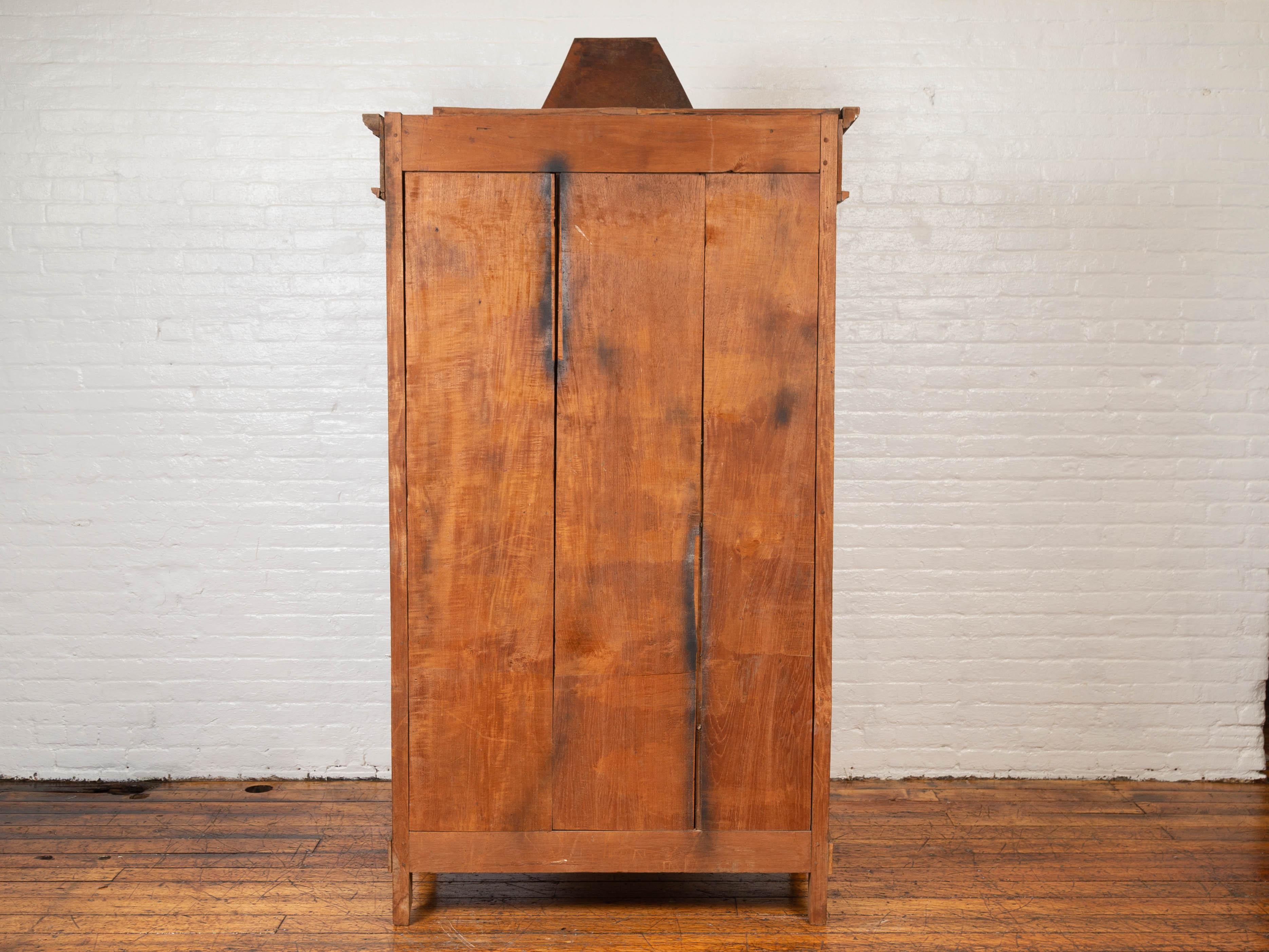 Antique Dutch Colonial Armoire with Low-Relief Carved Painted Birds and Foliage In Good Condition For Sale In Yonkers, NY