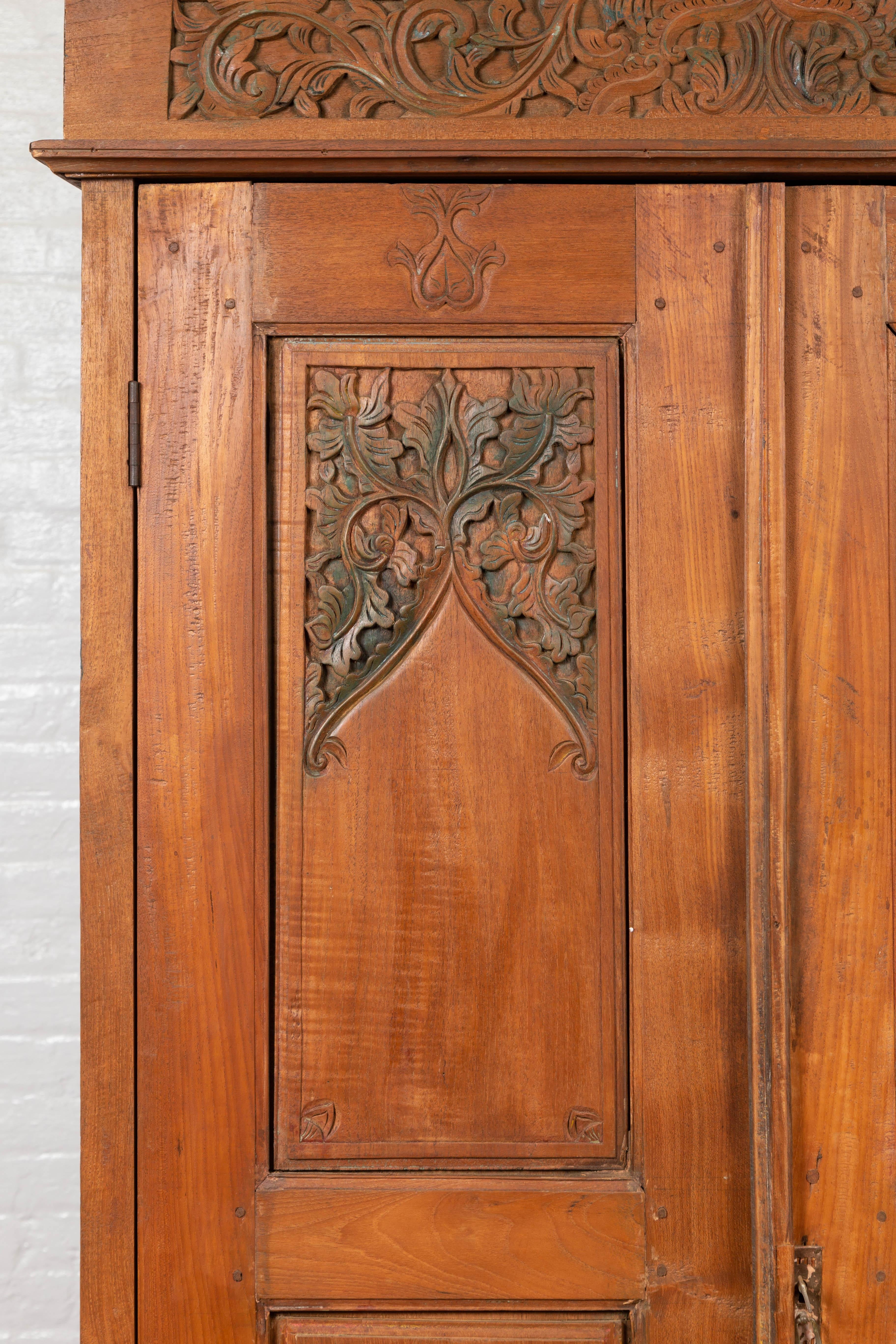 20th Century Antique Dutch Colonial Armoire with Low-Relief Carved Painted Birds and Foliage For Sale