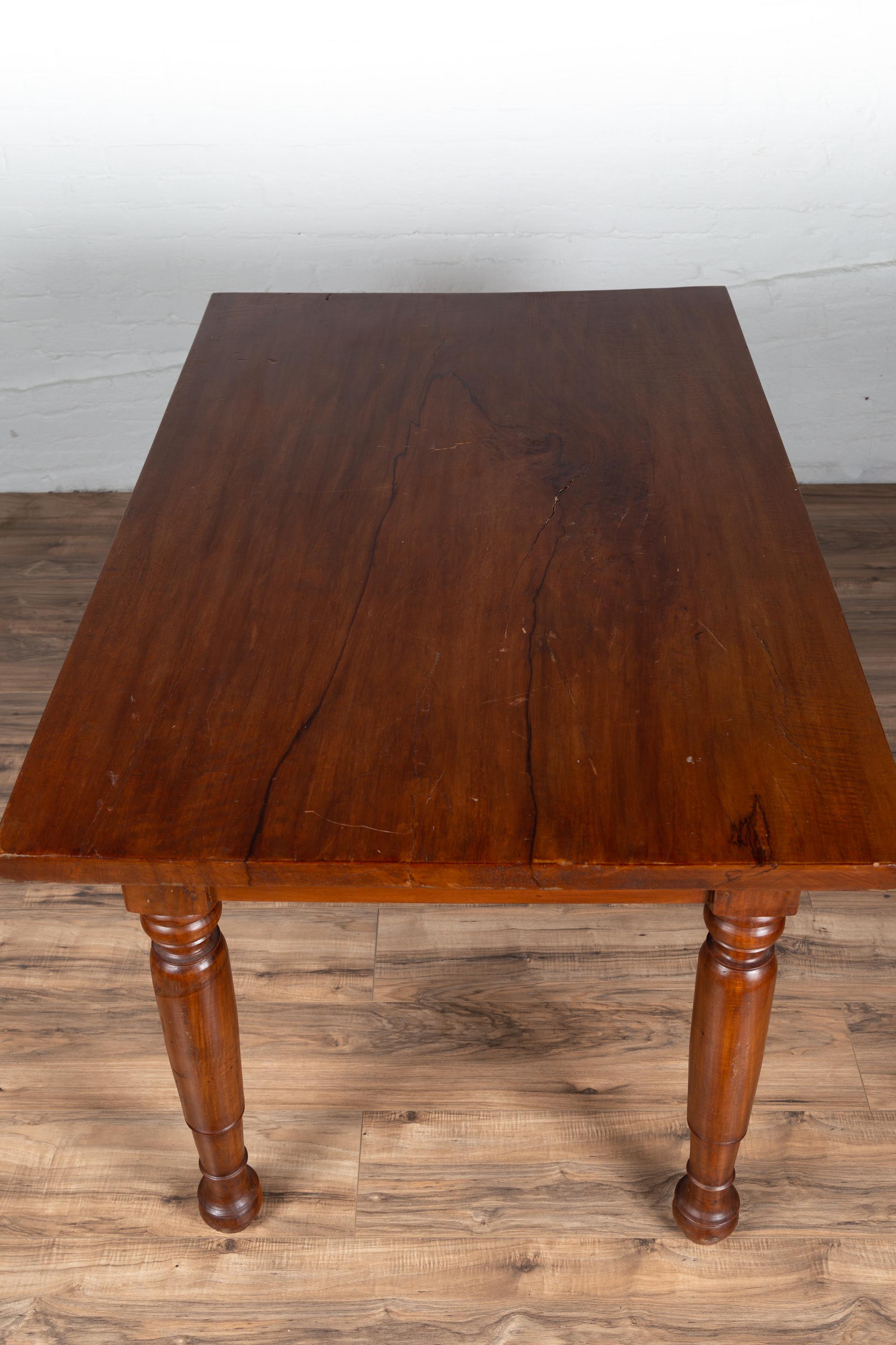 Antique Dutch Colonial Javanese Teak Desk with Single Drawer and Turned Legs For Sale 4