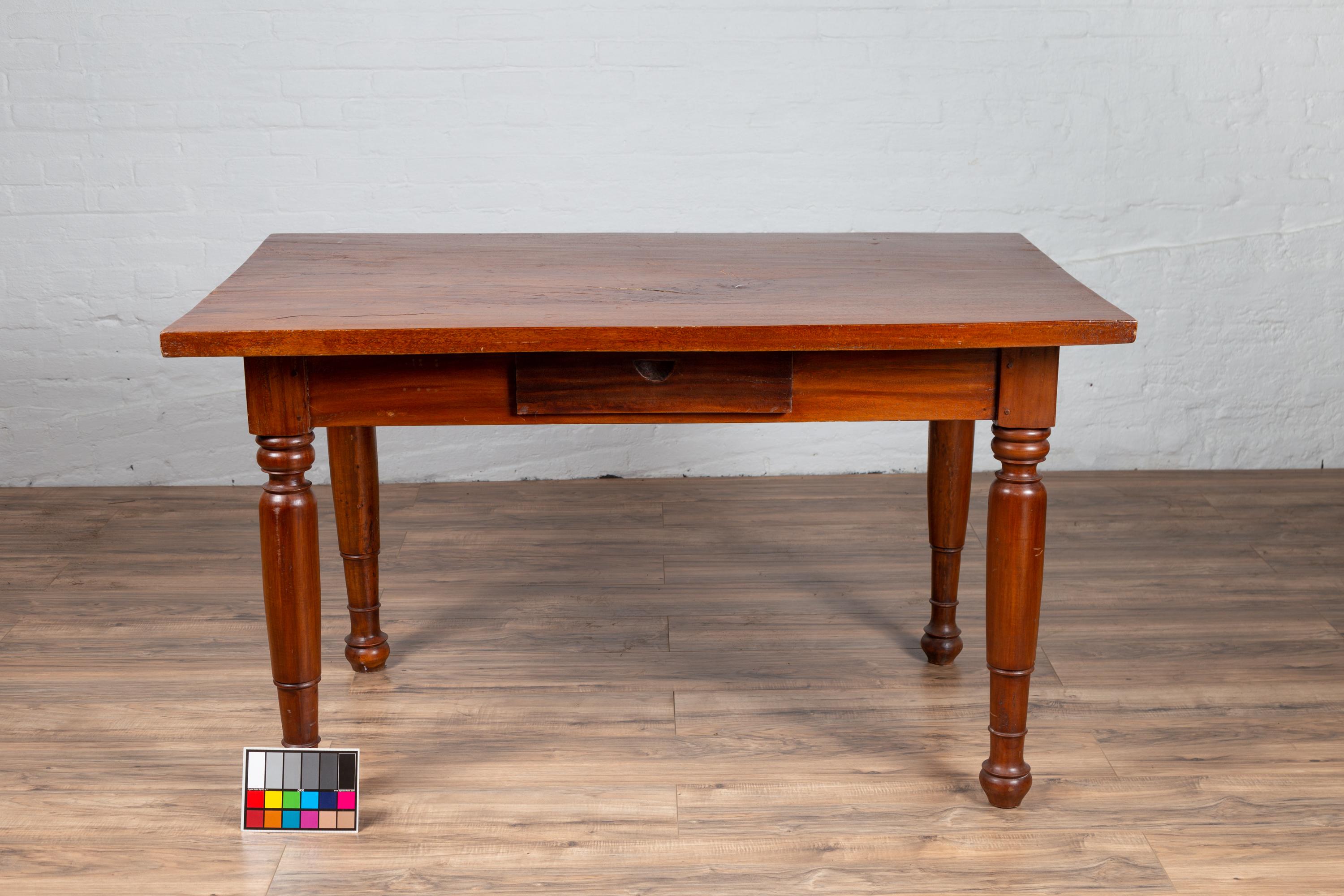 Antique Dutch Colonial Javanese Teak Desk with Single Drawer and Turned Legs For Sale 9