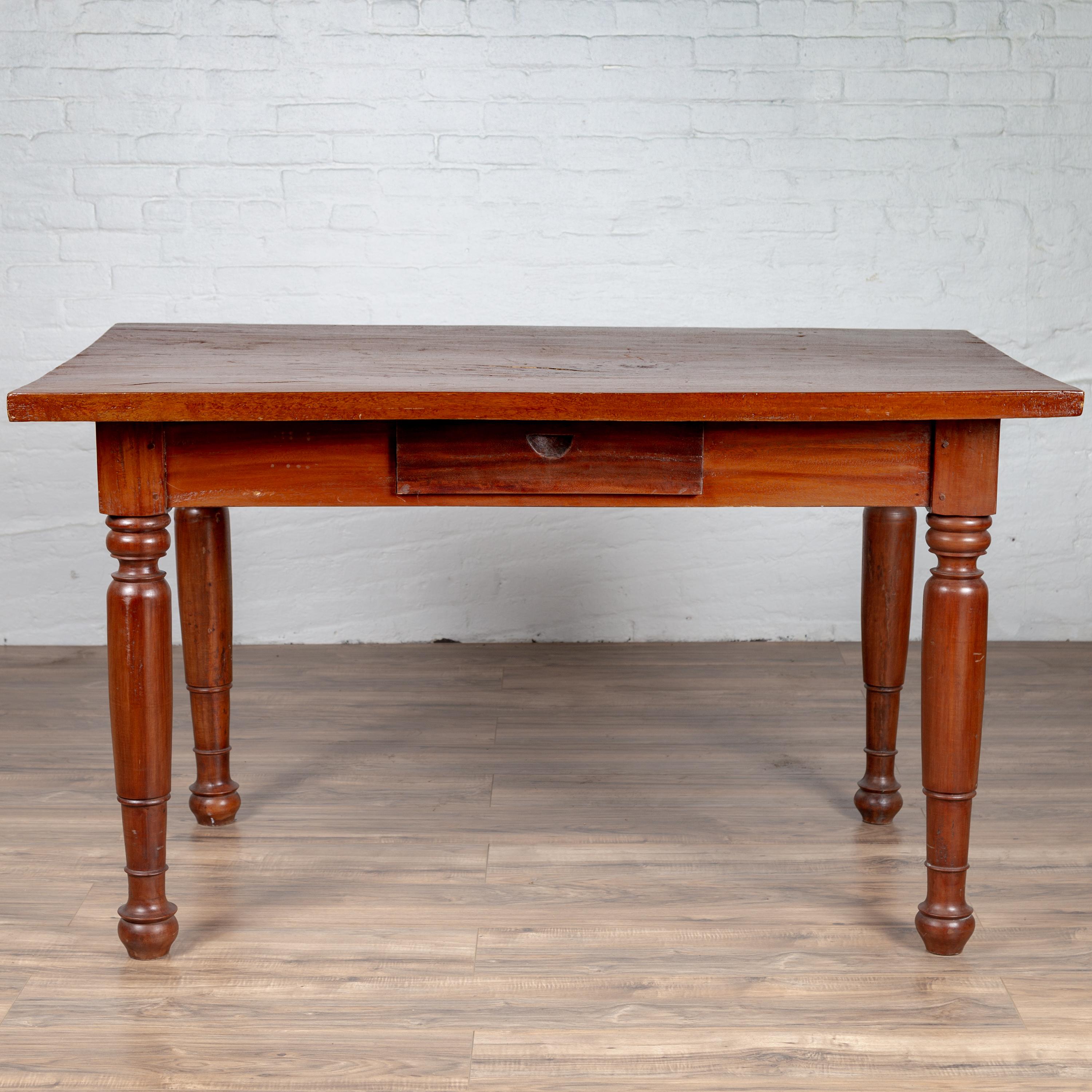 Antique Dutch Colonial Javanese Teak Desk with Single Drawer and Turned Legs In Good Condition For Sale In Yonkers, NY