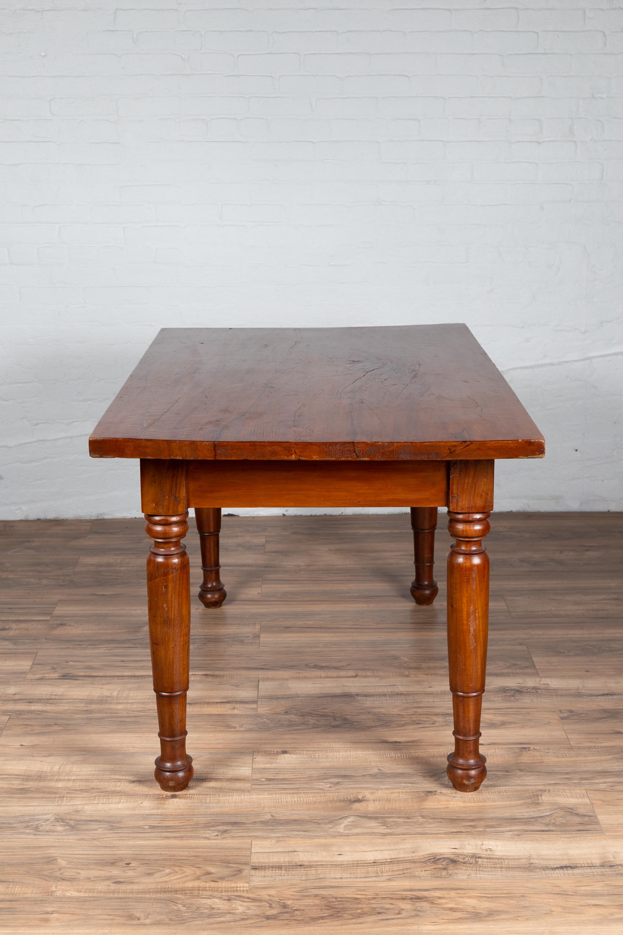 Antique Dutch Colonial Javanese Teak Desk with Single Drawer and Turned Legs For Sale 1