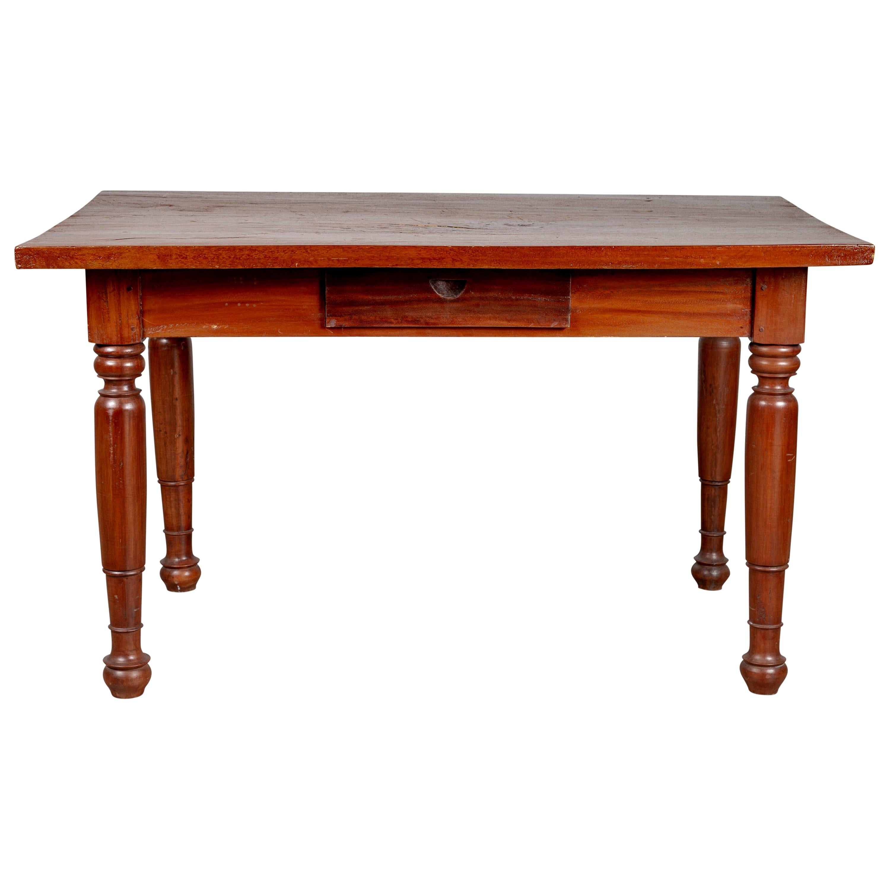 Antique Dutch Colonial Javanese Teak Desk with Single Drawer and Turned Legs For Sale