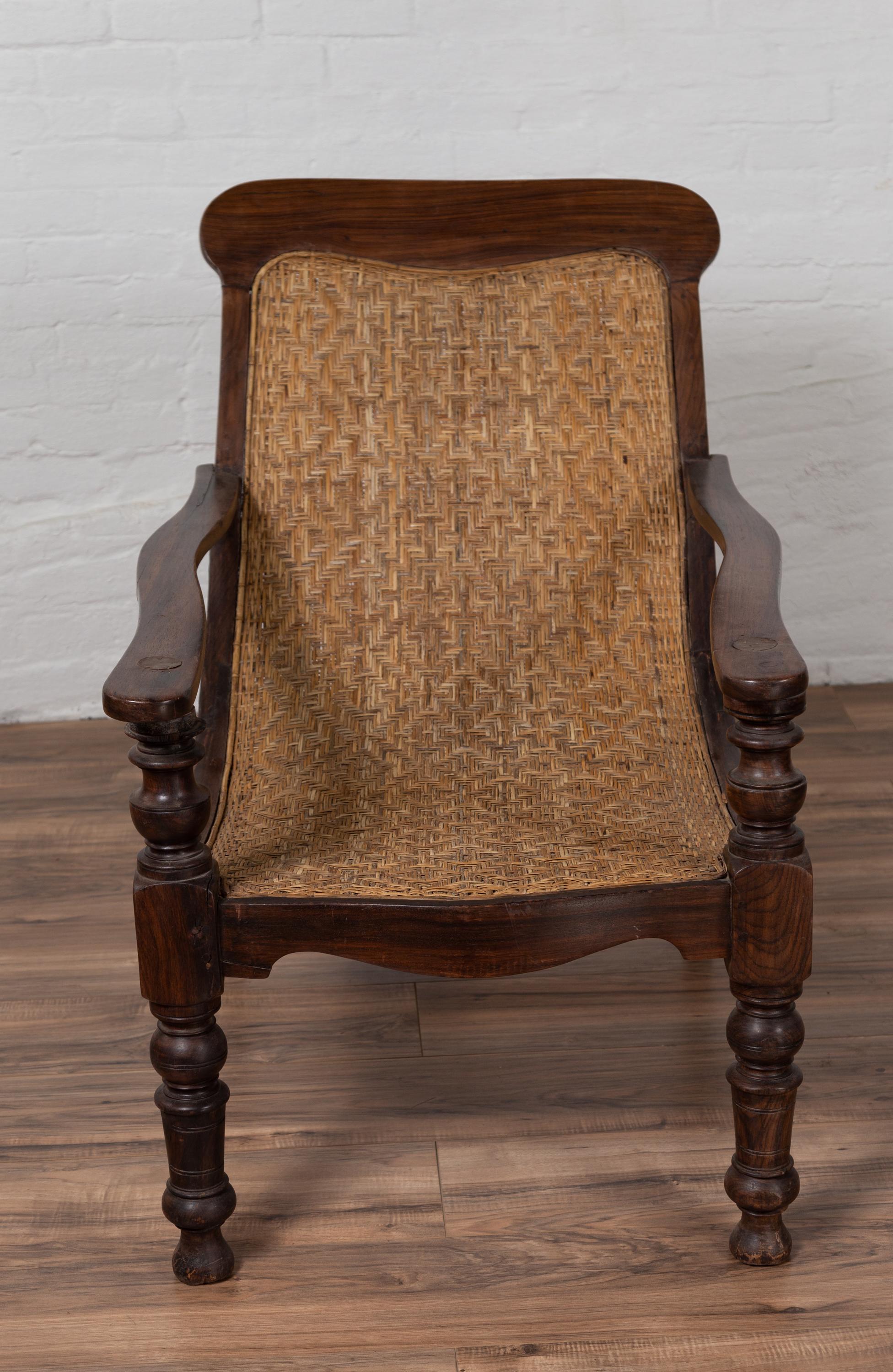 20th Century Antique Dutch Colonial Plantation Lounge Chair with Woven Rattan Seat and Back