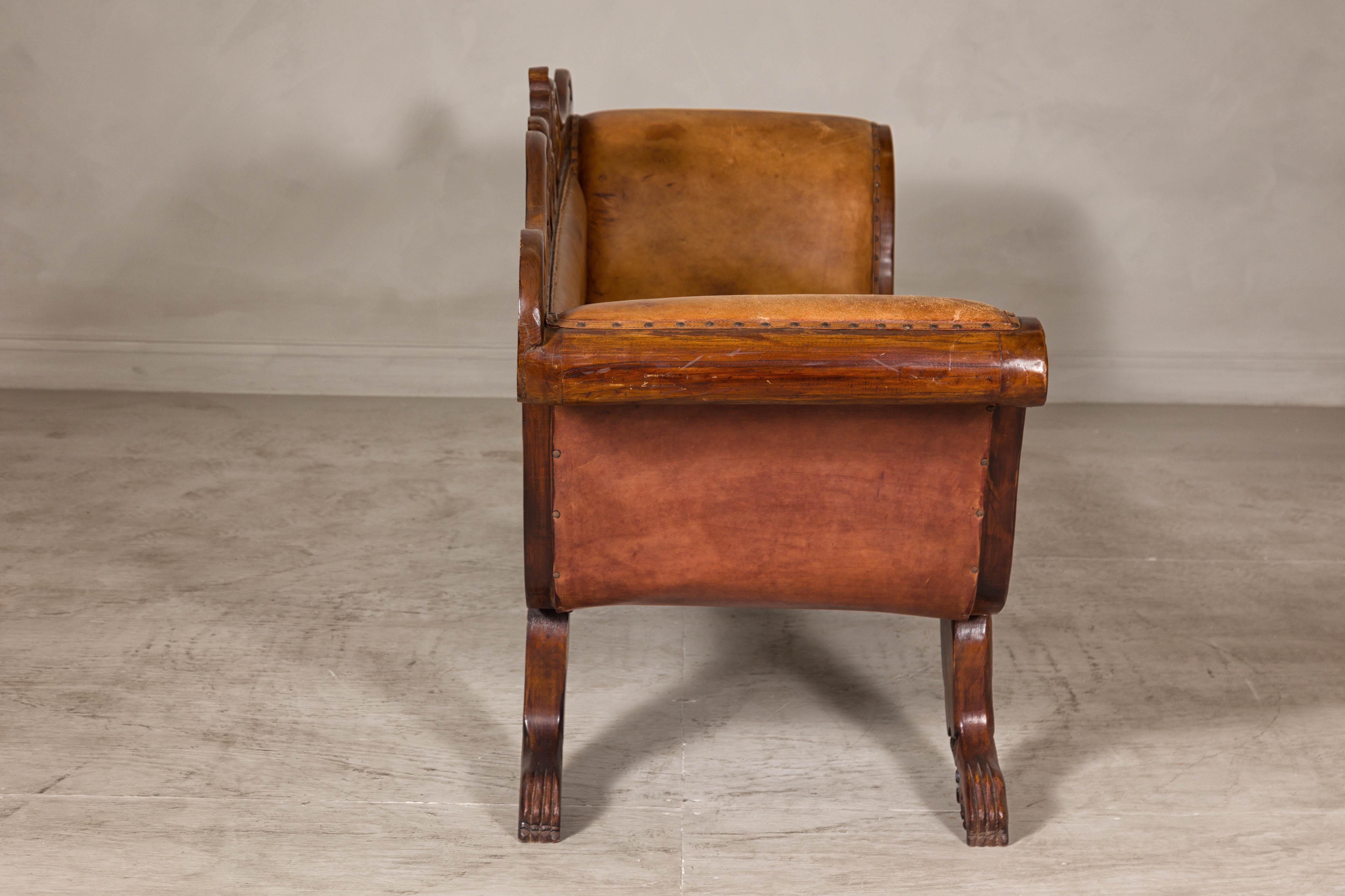 Antique Dutch Colonial Settee with Original Leather and Carved Wood Details For Sale 5