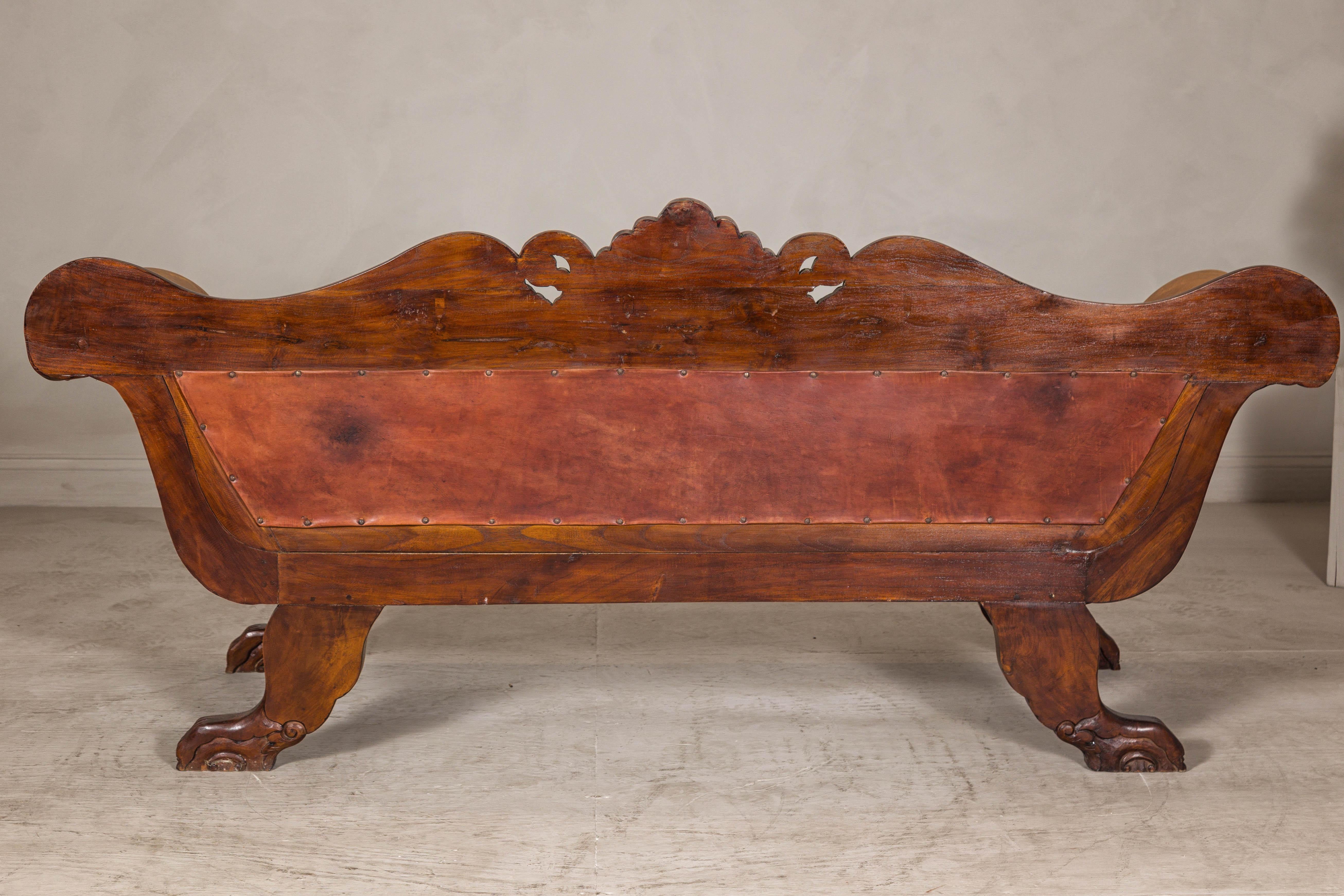 Antique Dutch Colonial Settee with Original Leather and Carved Wood Details For Sale 6