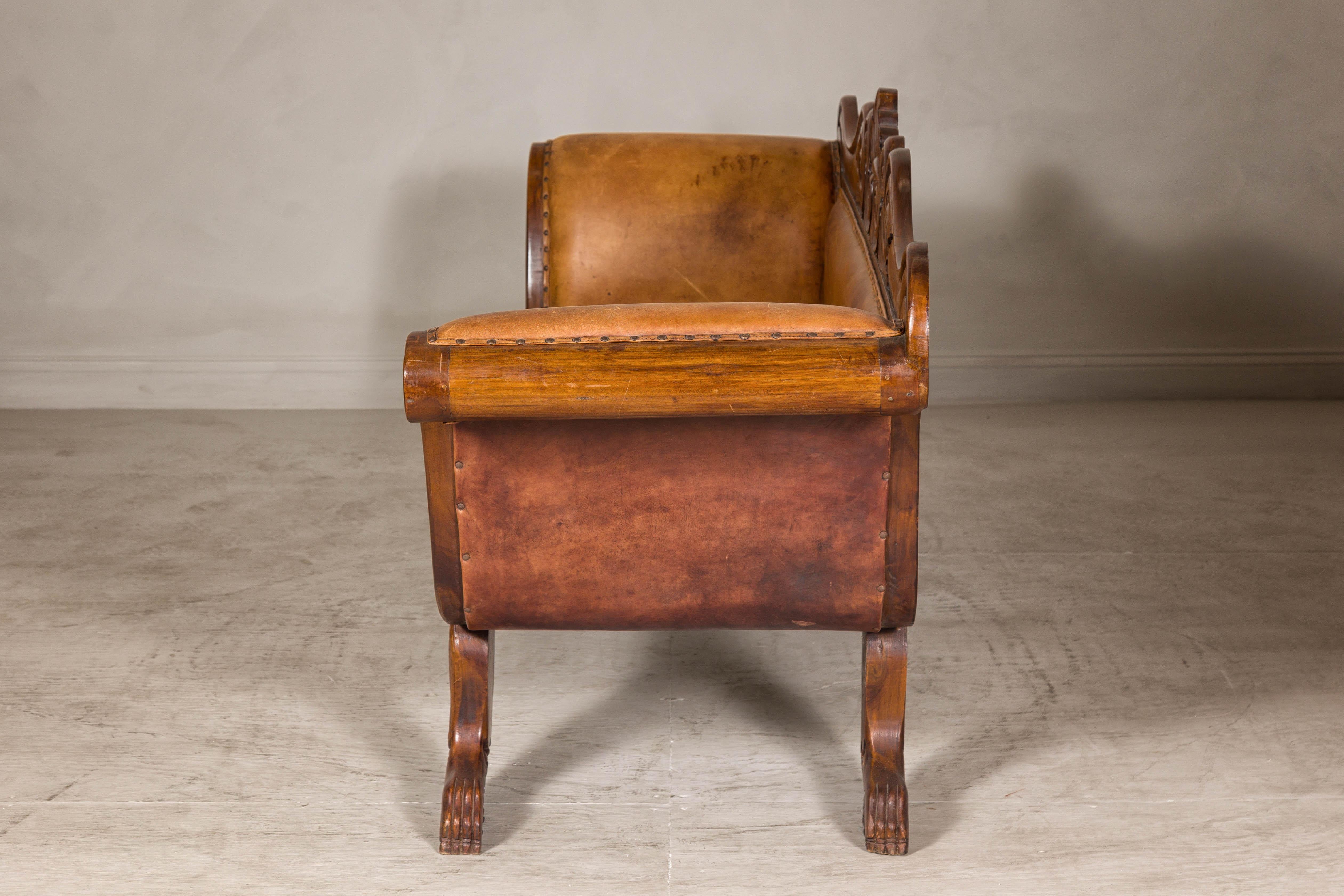 Antique Dutch Colonial Settee with Original Leather and Carved Wood Details For Sale 7