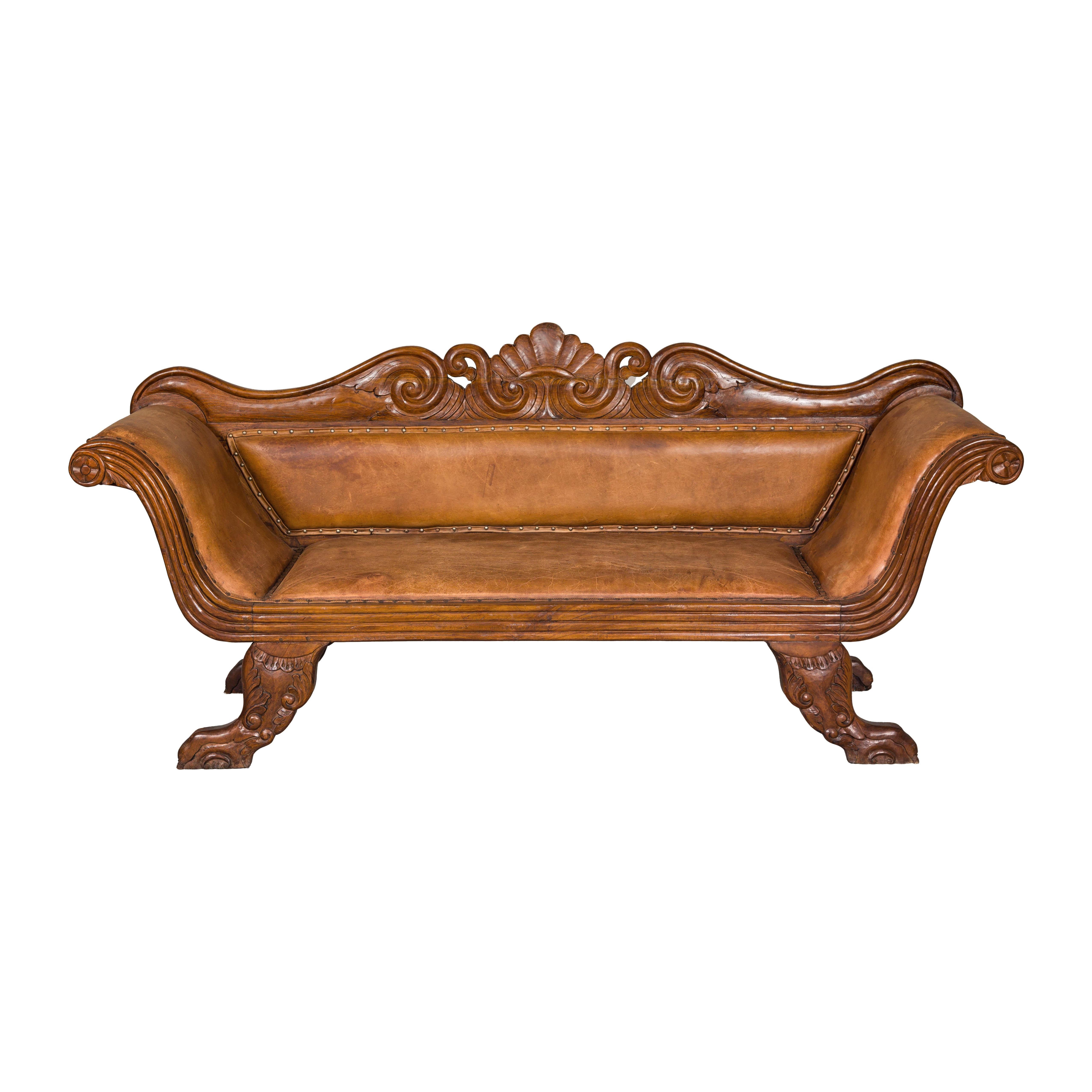 Antique Dutch Colonial Settee with Original Leather and Carved Wood Details For Sale 8