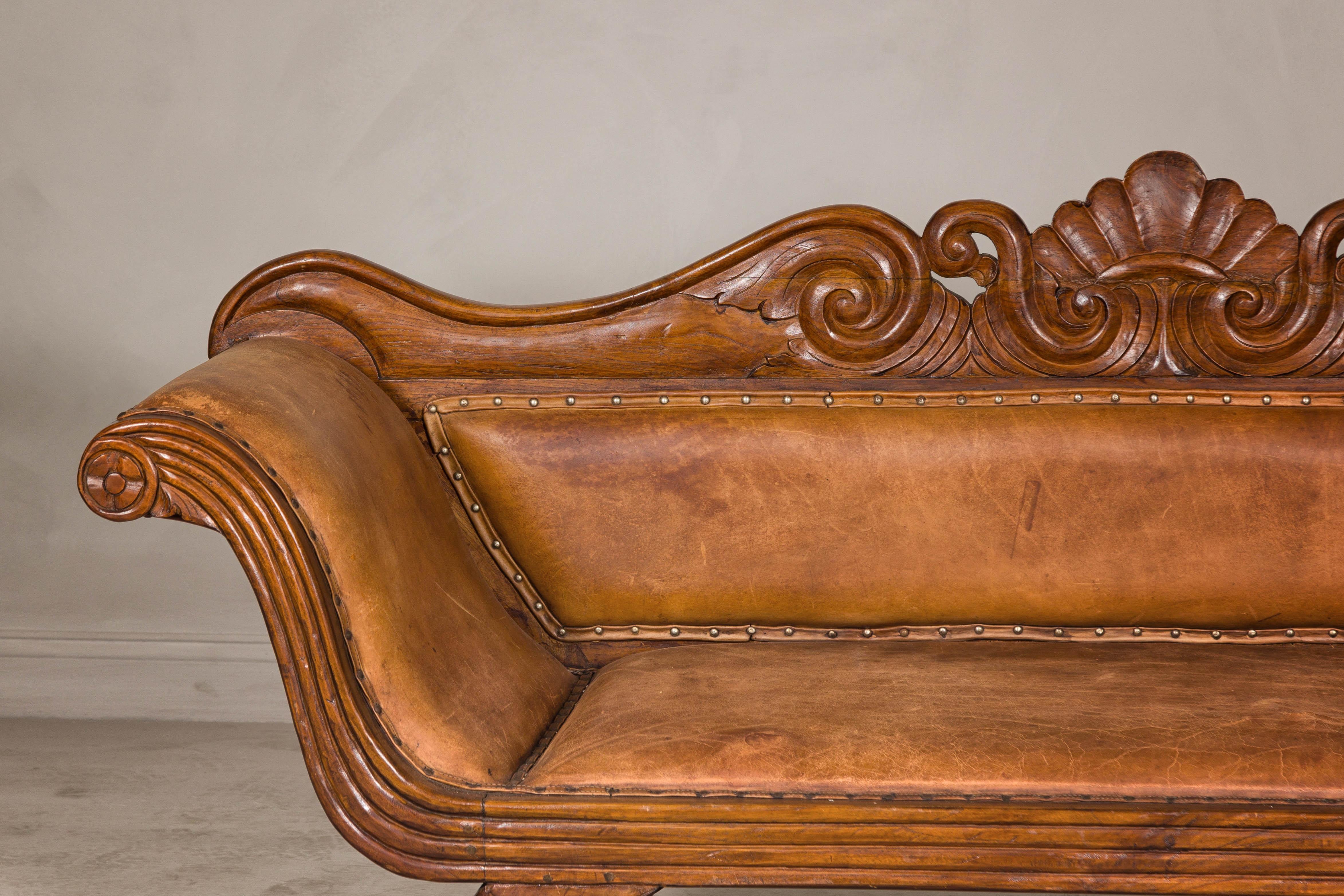 19th Century Antique Dutch Colonial Settee with Original Leather and Carved Wood Details For Sale