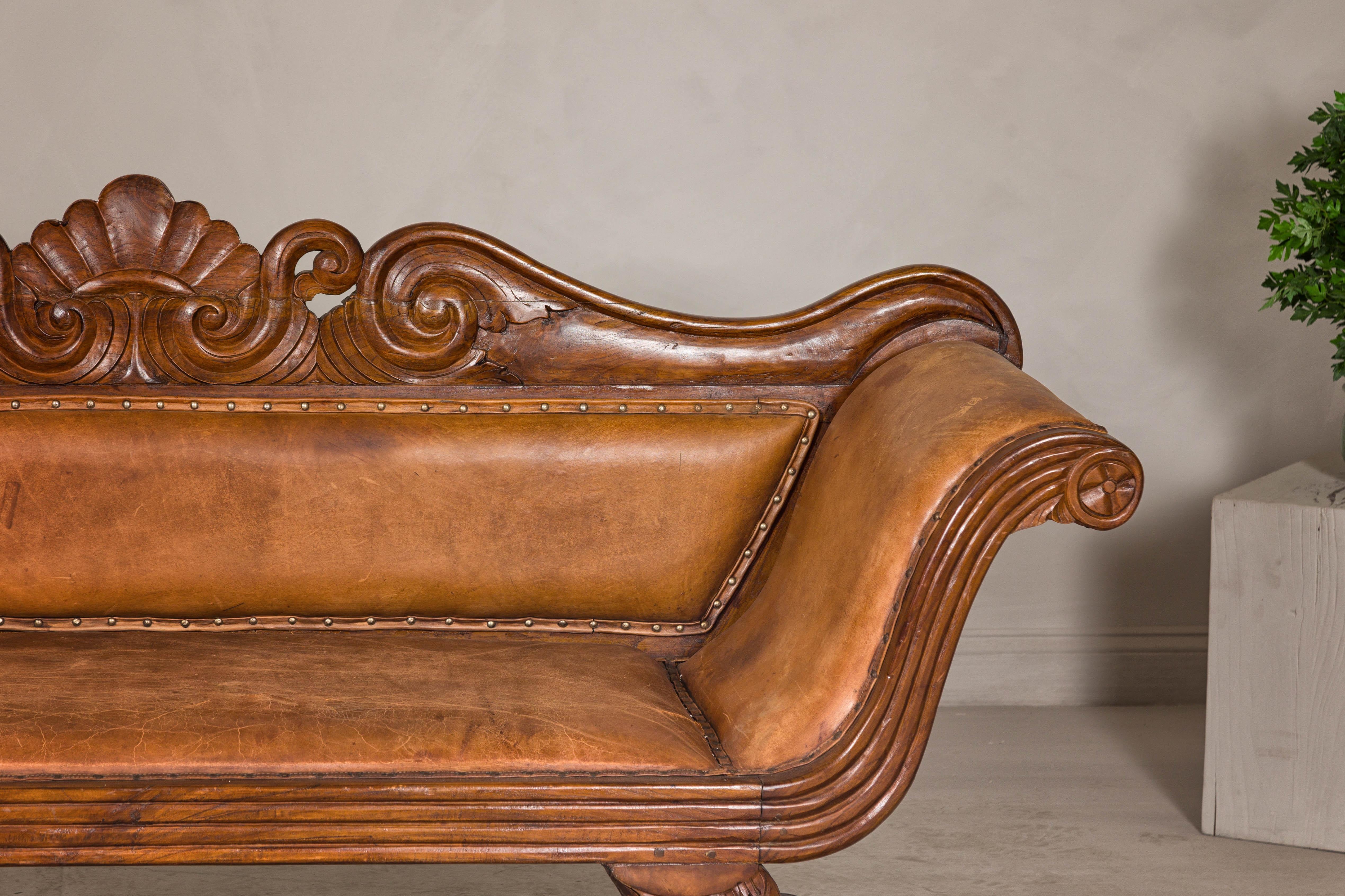 Antique Dutch Colonial Settee with Original Leather and Carved Wood Details For Sale 1