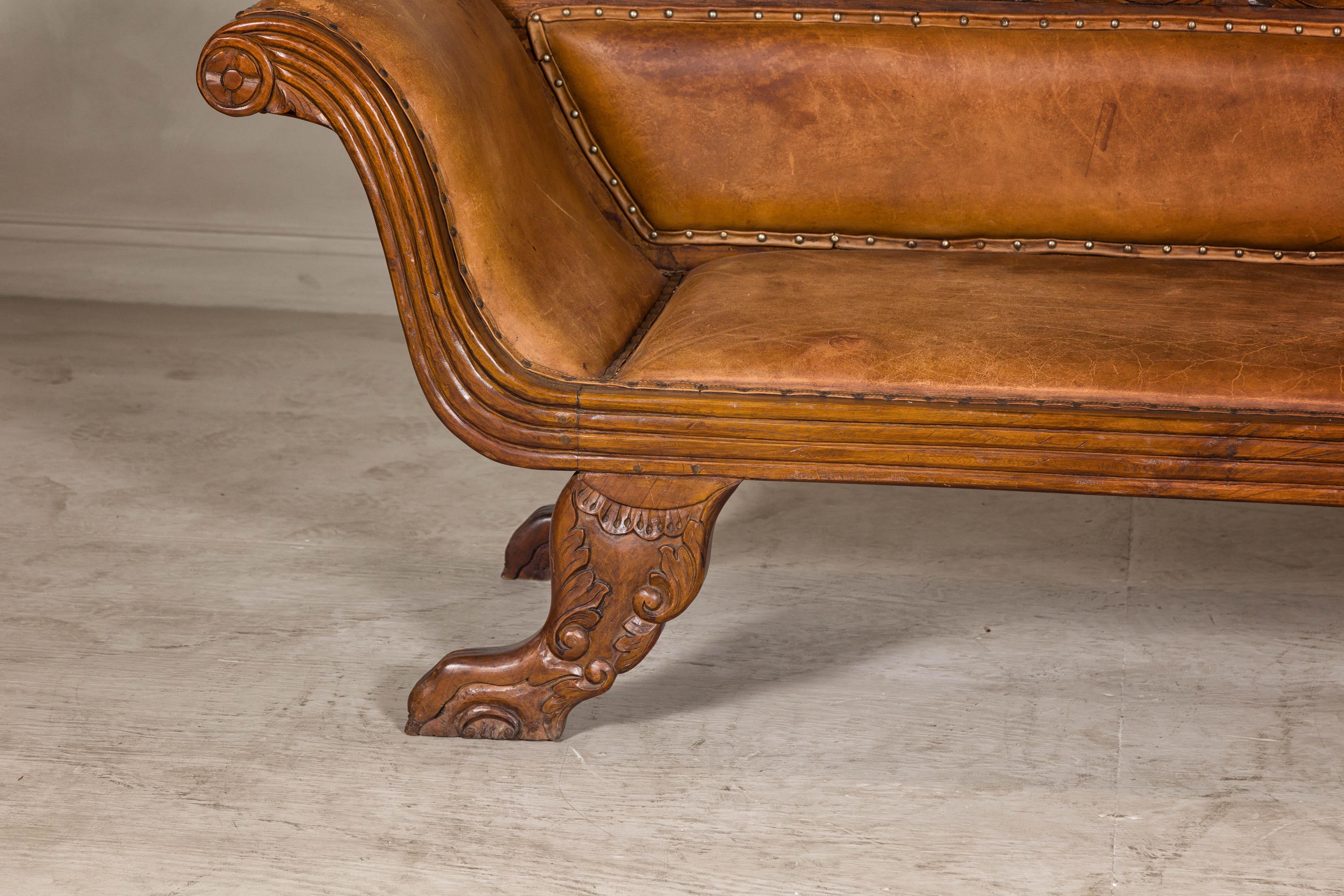 Antique Dutch Colonial Settee with Original Leather and Carved Wood Details For Sale 2