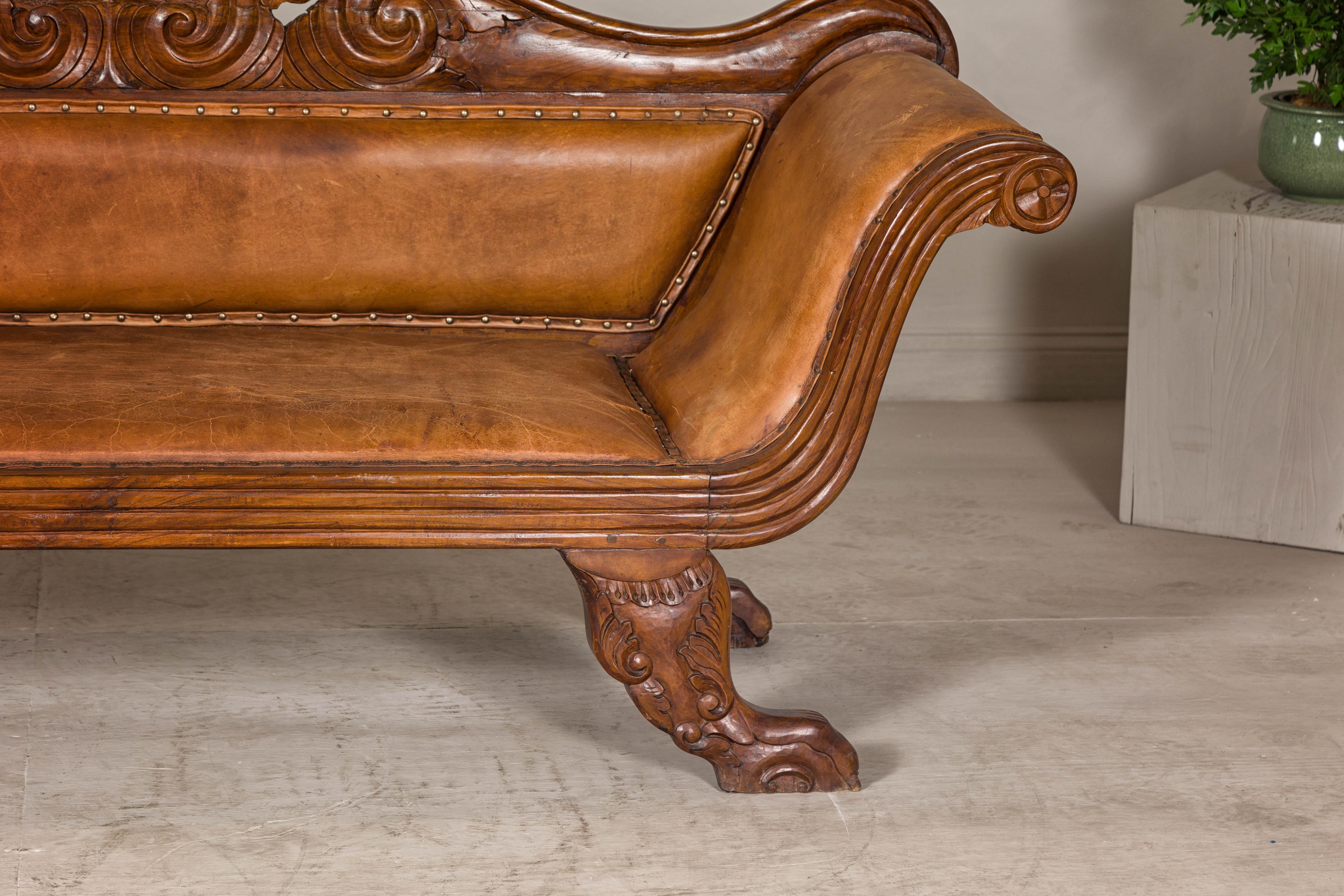 Antique Dutch Colonial Settee with Original Leather and Carved Wood Details For Sale 3
