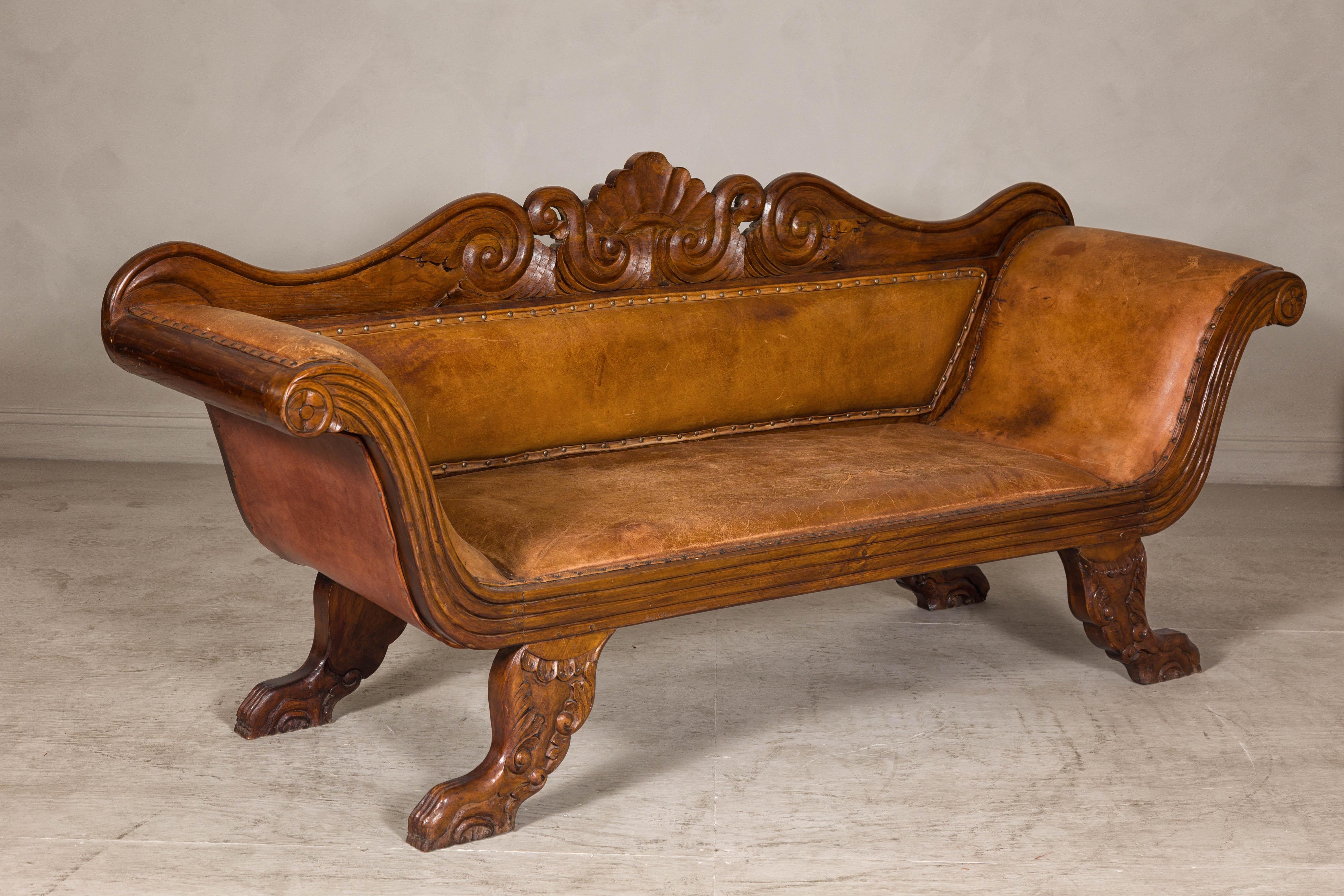 Antique Dutch Colonial Settee with Original Leather and Carved Wood Details For Sale 4