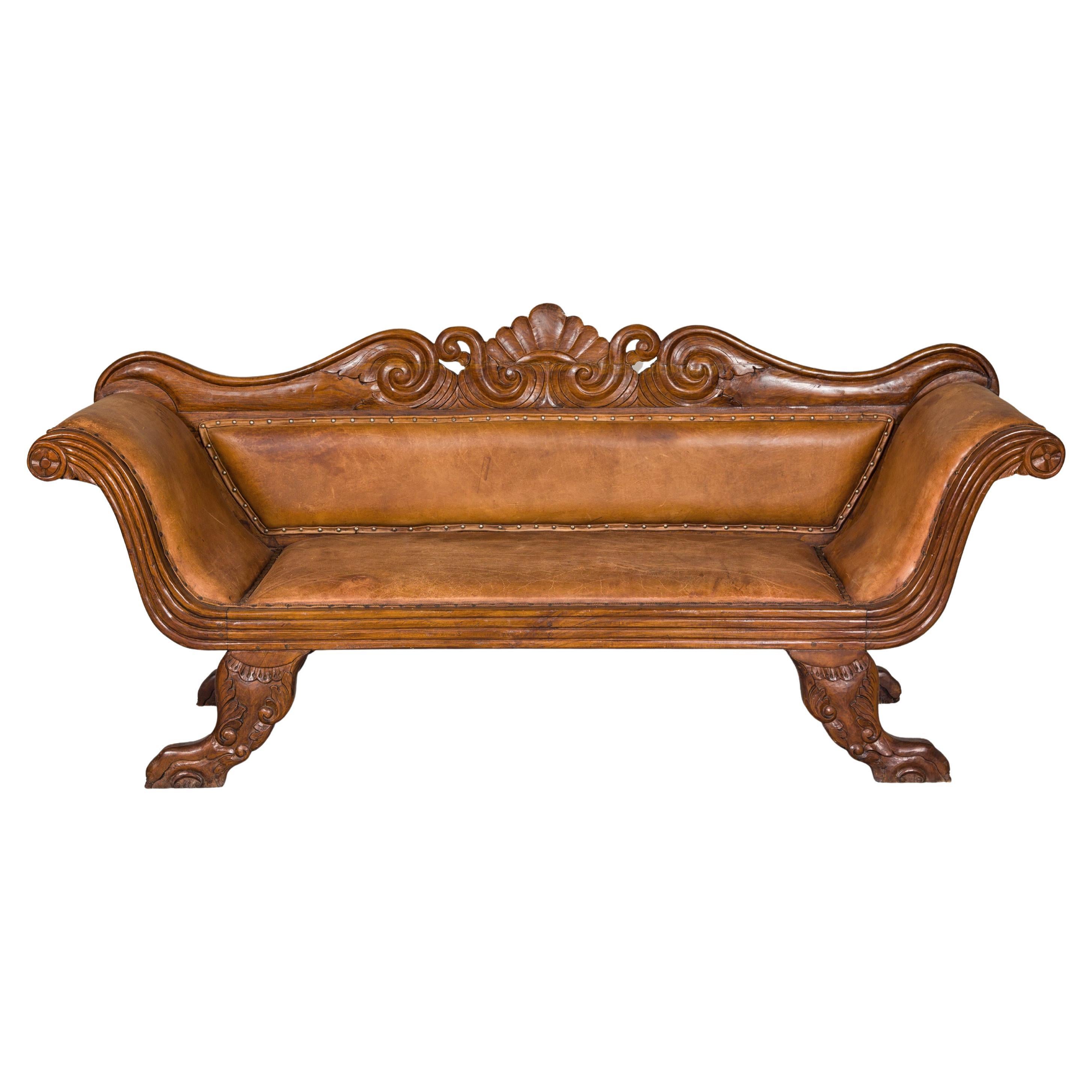 Antique Dutch Colonial Settee with Original Leather and Carved Wood Details For Sale