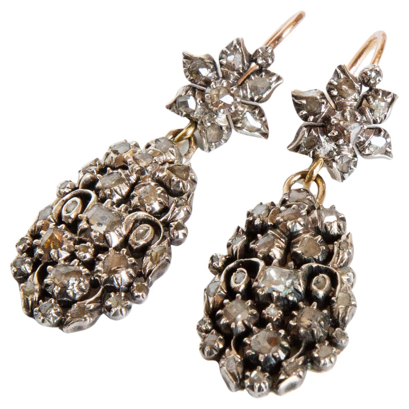 Antique Dutch Dangle Earrings in Silver and Gold Set with Diamonds