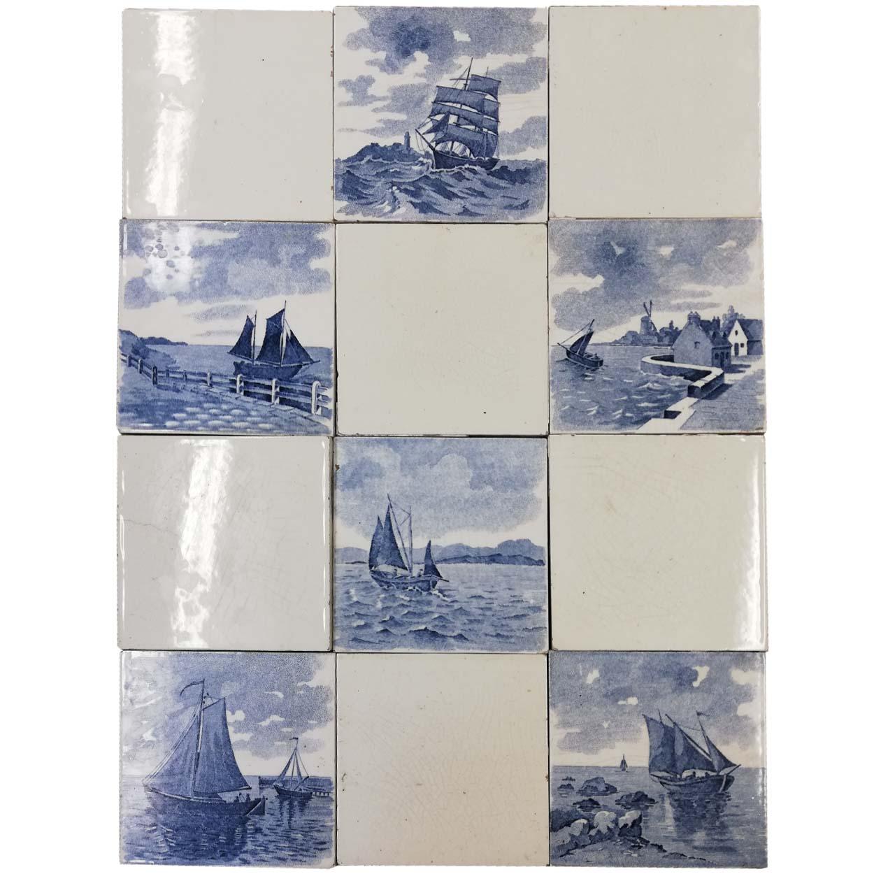 Belgian Antique Dutch Dark Blue Glazed Ceramic Tiles For Sale