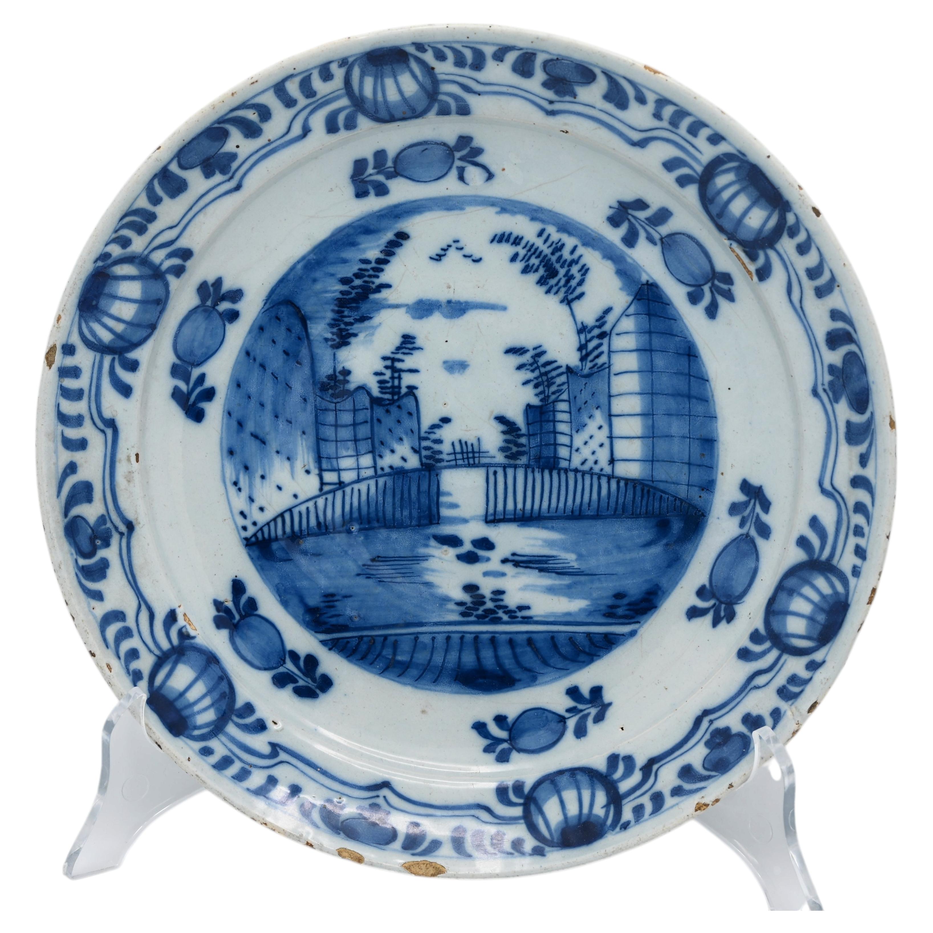 Antique Dutch Delft Blue and White Earthenware Plate, 18th Century For Sale
