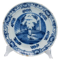 Antique Dutch Delft Blue and White Earthenware Plate, 18th Century