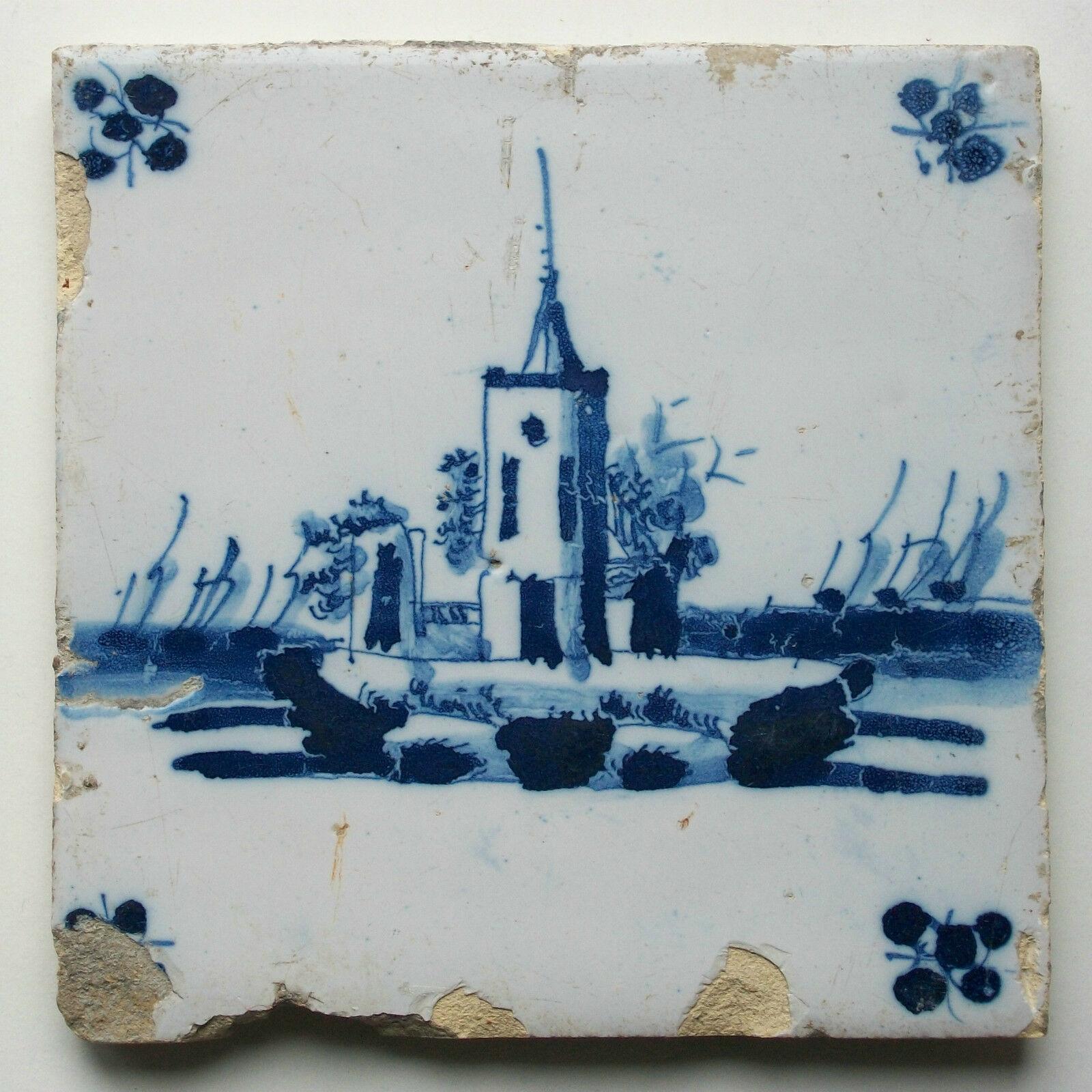 Antiguo Azulejo de Cerámica Holandesa de Delft, Castillo Pintado a Mano, Enmarcado, Siglo XVII en venta 2