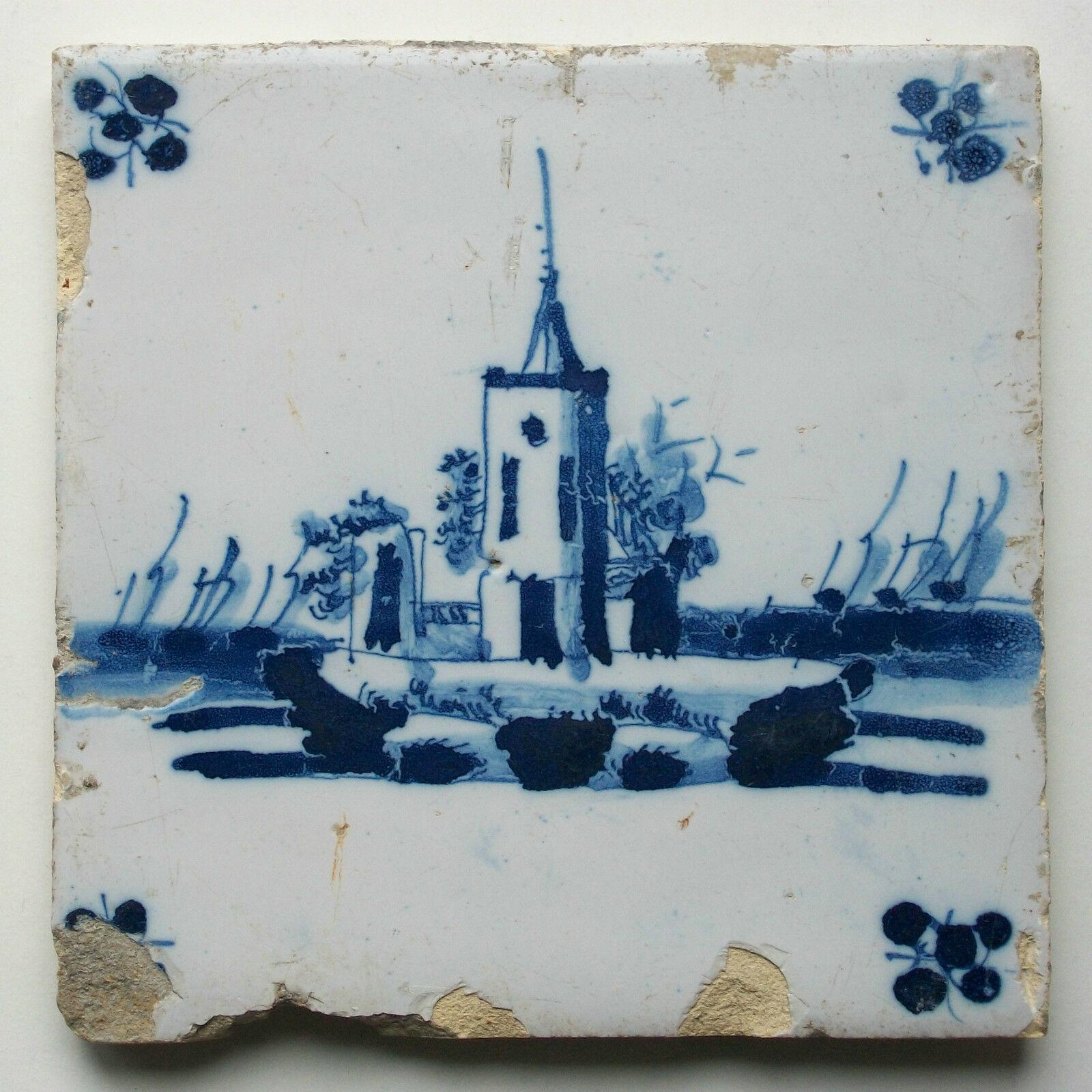 Antique Dutch Delft Ceramic Tile, Hand Painted Castle, Framed, 17th Century For Sale 4