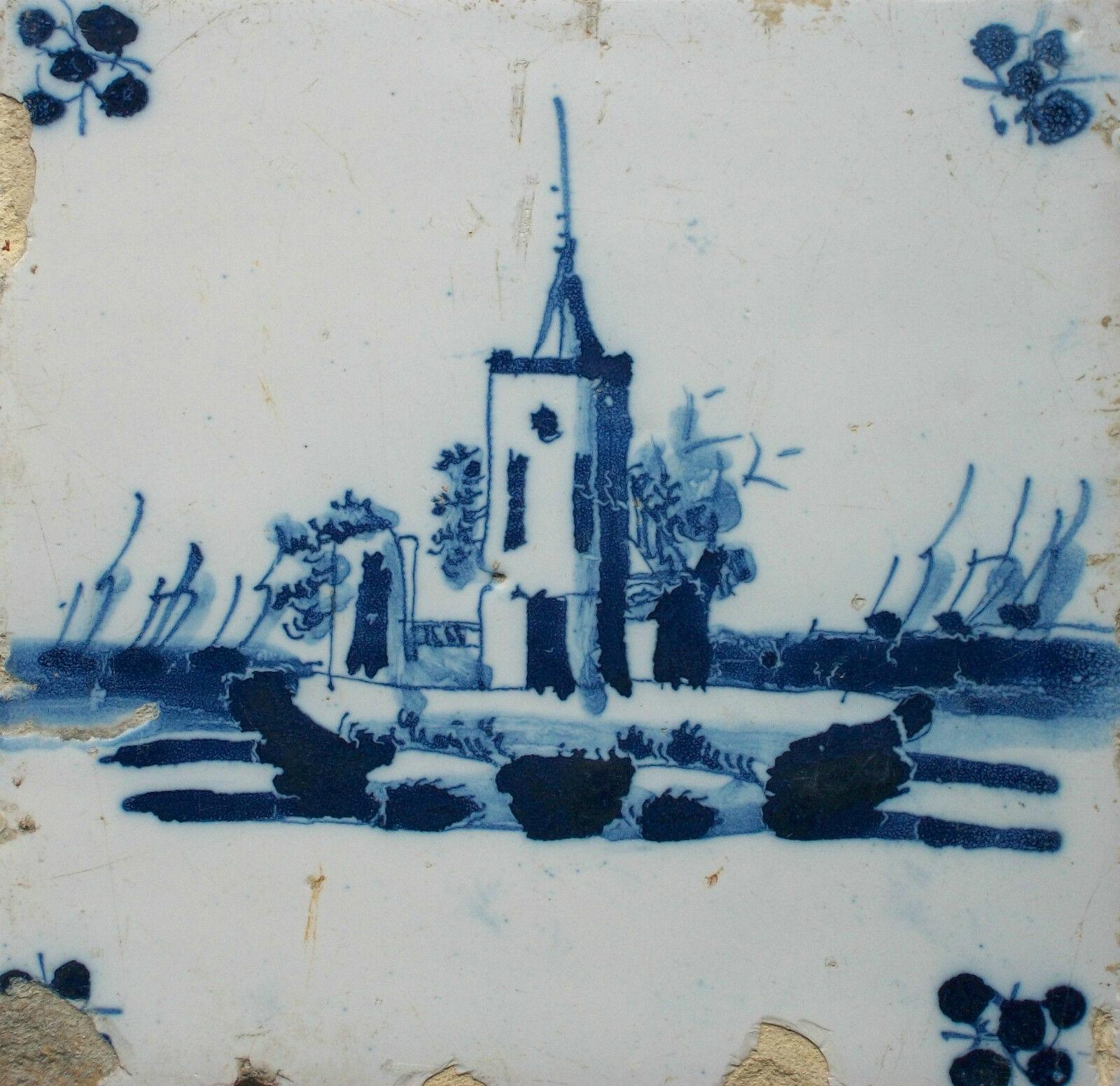 Antique Dutch Delft Ceramic Tile, Hand Painted Castle, Framed, 17th Century For Sale 5