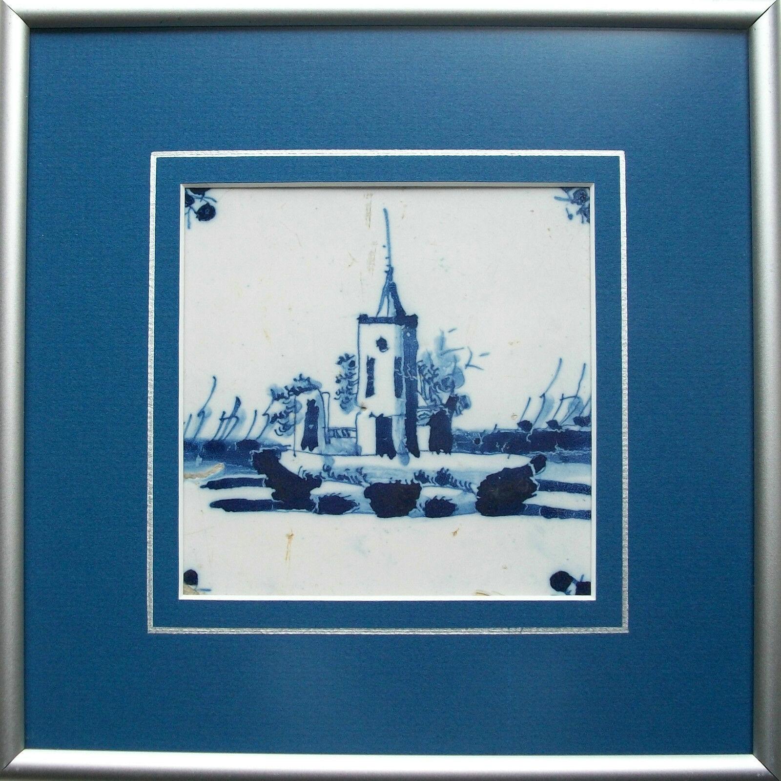 Hand-Crafted Antique Dutch Delft Ceramic Tile, Hand Painted Castle, Framed, 17th Century For Sale